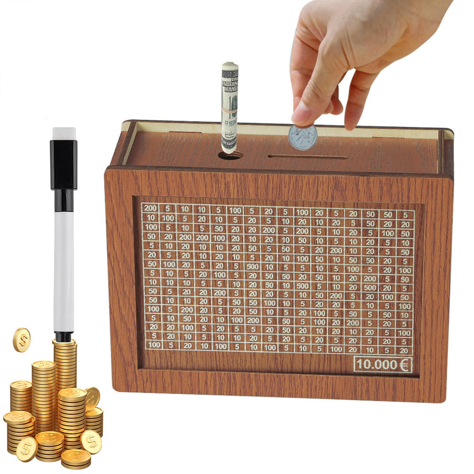 Salvadanaio 1000 Selizo Salvadanaio In Legno Con Numeri A Spunta, Contatore E Obiettivo Di Risparmio - €500 €1,000 €2,000 Salvadanaio 5000 Euro