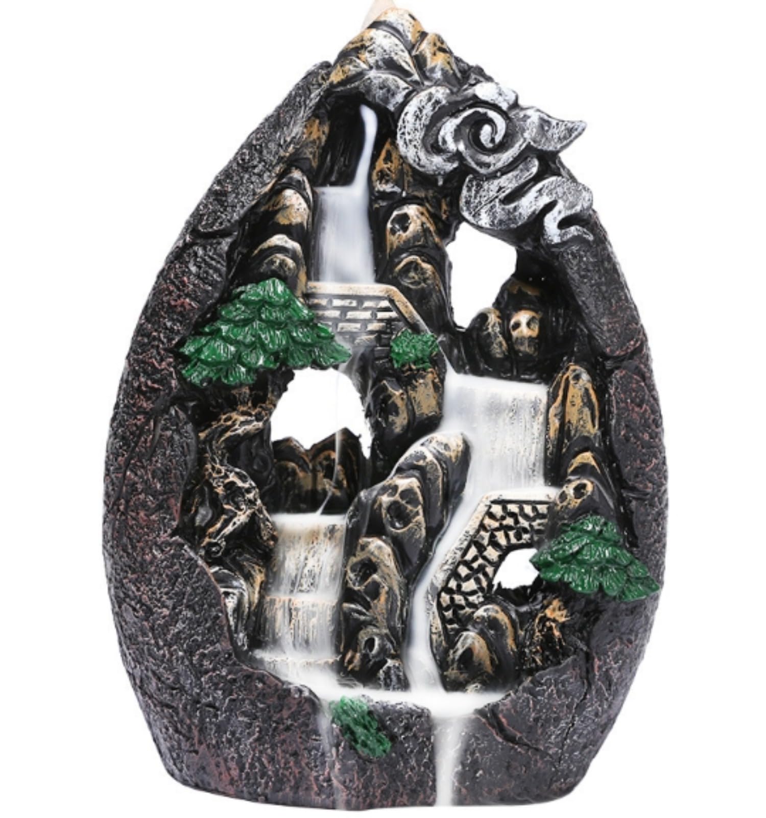 Backflow Incense Burner Resin Hand Carved Blue Waterfall Cone Holder 7.5x5.1in