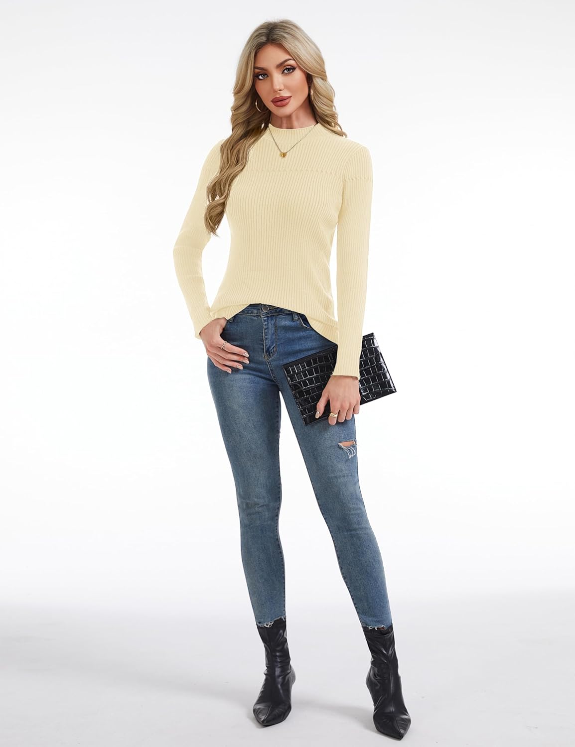 YUCOLEN Women's Long Sleeve Mock Neck Sweater Ribbed Knit Slim Fit Basic Tops Lightweight T Shirts Going Out 2025 Clothes - Image 3