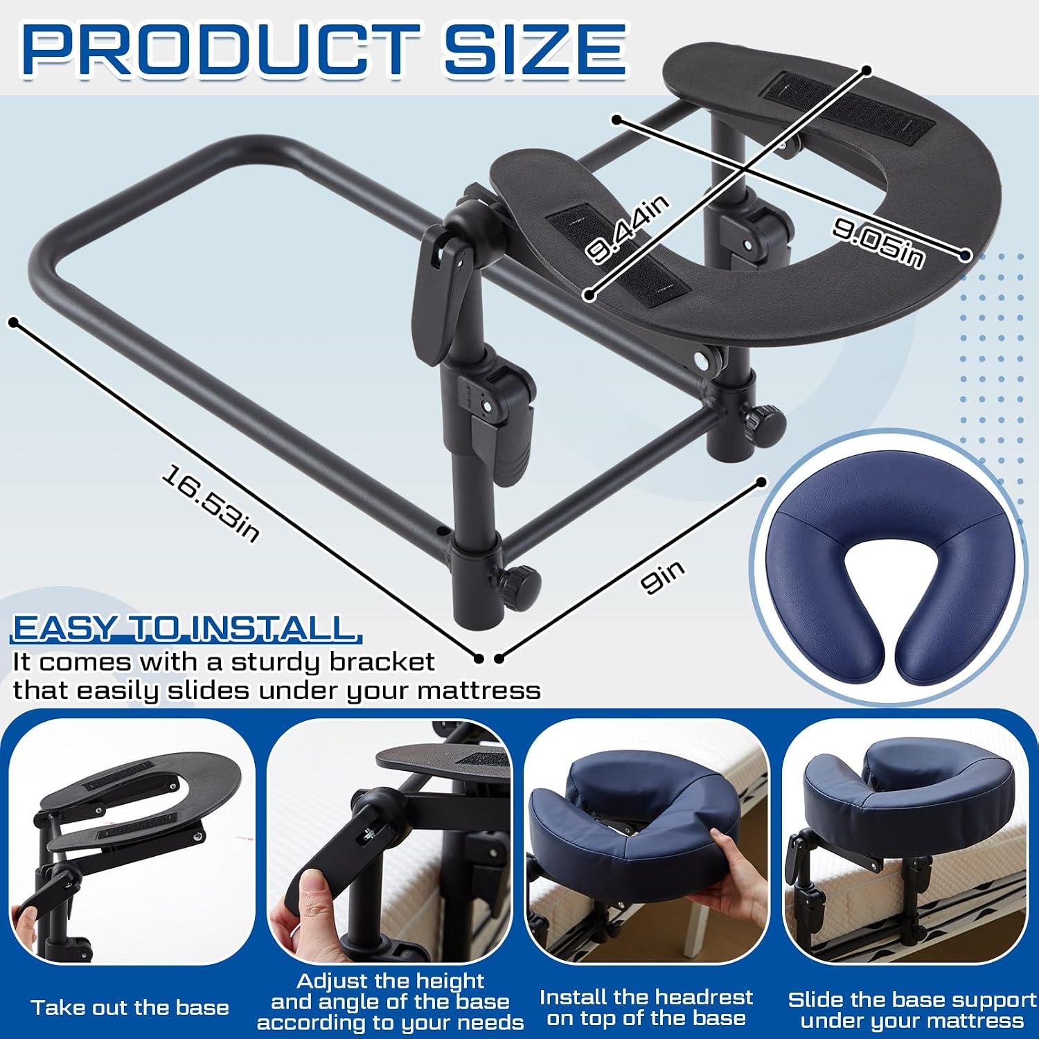Qunclay Adjustable Massage Headrest for Bed, Portable Mattress Massage Face Cradle with Soft Pillow Cushion, Face Down Pillow After Eye Surgery for Professional and Home Use(Navy Blue)