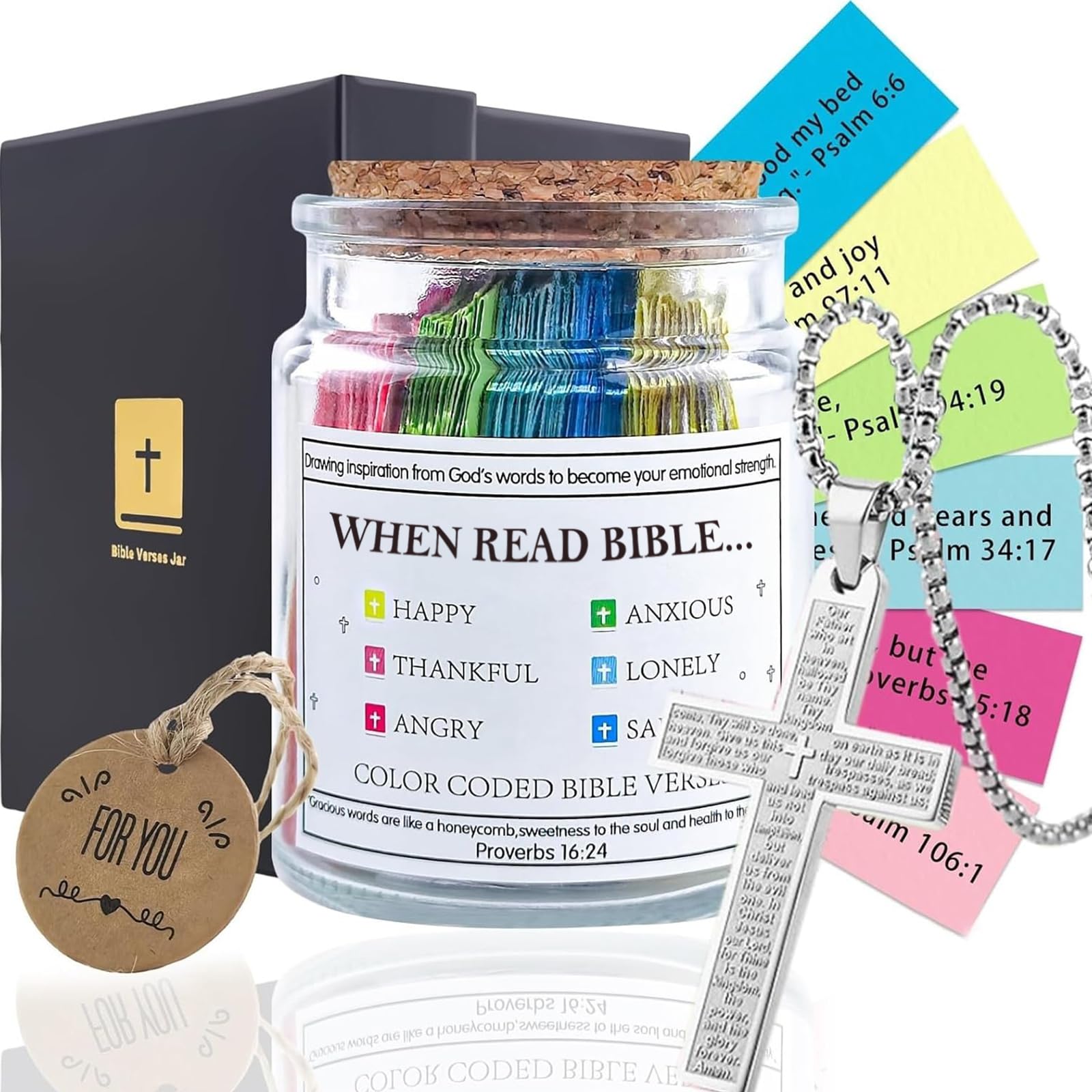 Zerobe Bible Verse Gift Jar with Cross Necklace – Christian Prayer & Hope Jar for Women, Mom, Dad – Inspirational Scripture Cards, Perfect for Mother’s Day, Father's Day, Birthday, Graduation Gifts