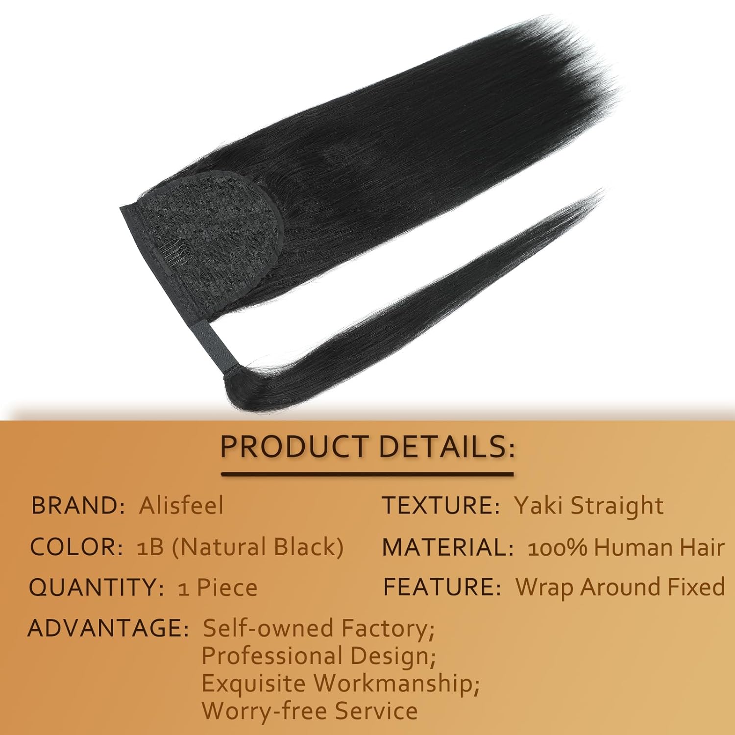 100% Real Human Hair Ponytail for Women Remy Wrap Around Long Yaki Straight Ponytail Human Hair Extensions Natural Black Color Magic Tape Afro Yaki Straight Pony Tail Extension (20 Inch)