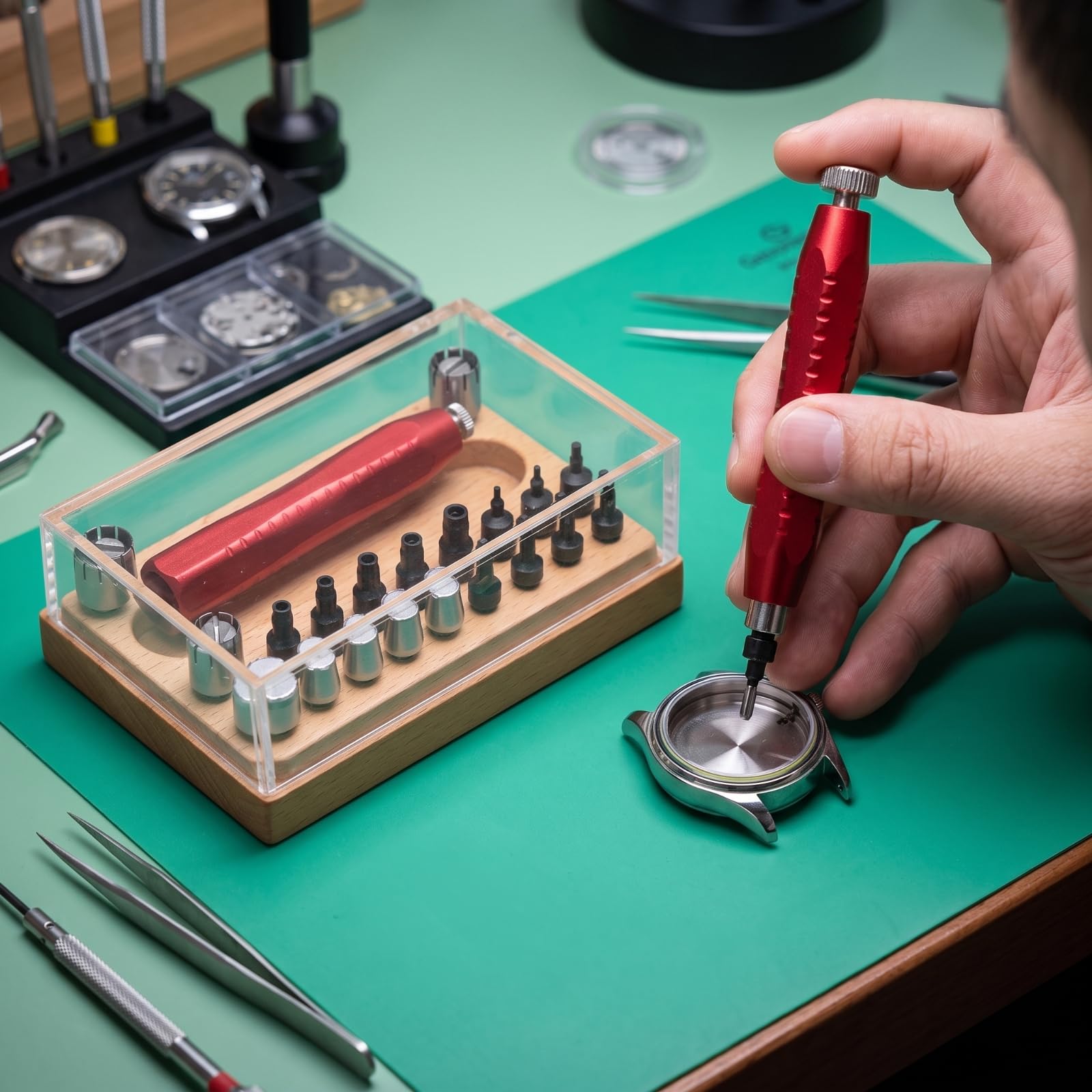 20 Stück uhrenwerkzeug mit holzsockel organisiert uhrenreparaturwerkzeug kompakt uhrenöffner für uhrmacher, hobbybastler, uhrenreparatur, werkbank