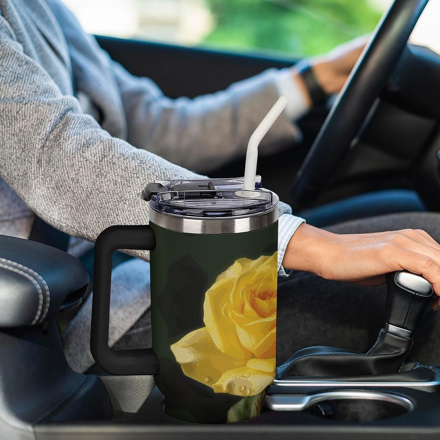 Yellow Rose Tumbler 40 Oz with Handle&Lid Large Car Cup Stainless Steel Vacuum Travel Mug Insulated Water Bottle Leak-proof Portable Coffee Cup for Home Car Outdoor