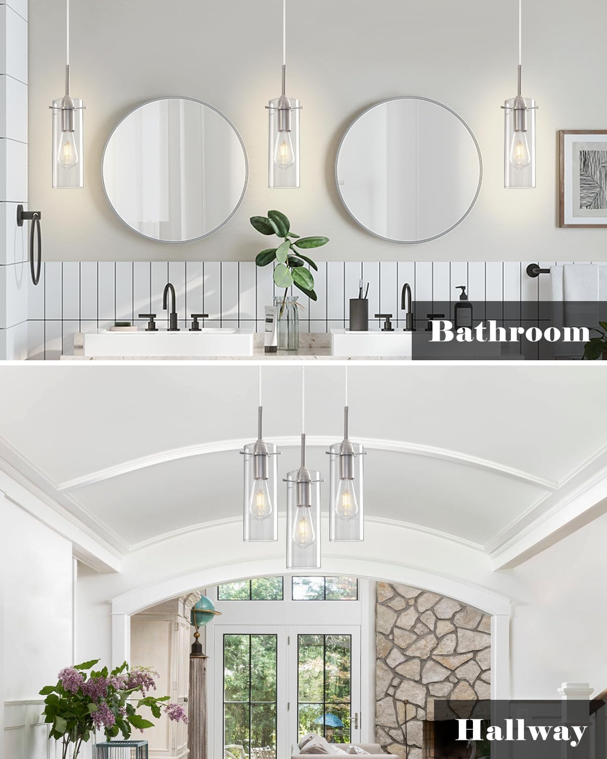 Glass Pendant Lights Kitchen Island 3 Packs, Brushed Nickel Kitchen Pendant Light, Modern Clear Glass Pendant Light Fixture, Hanging Pendant Lights for Kitchen Island Dining Room Hallway