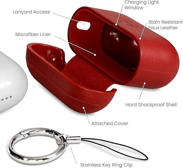 Coque Dreem en Cuir véritable pour AirPods Pro 3, Mousqueton Porte-clés, Coque Rigide de Protection en Plastique Dur + Cuir Premium, Compatible avec MagSafe, Effet Reveal Motion [Om:Red] - 3
