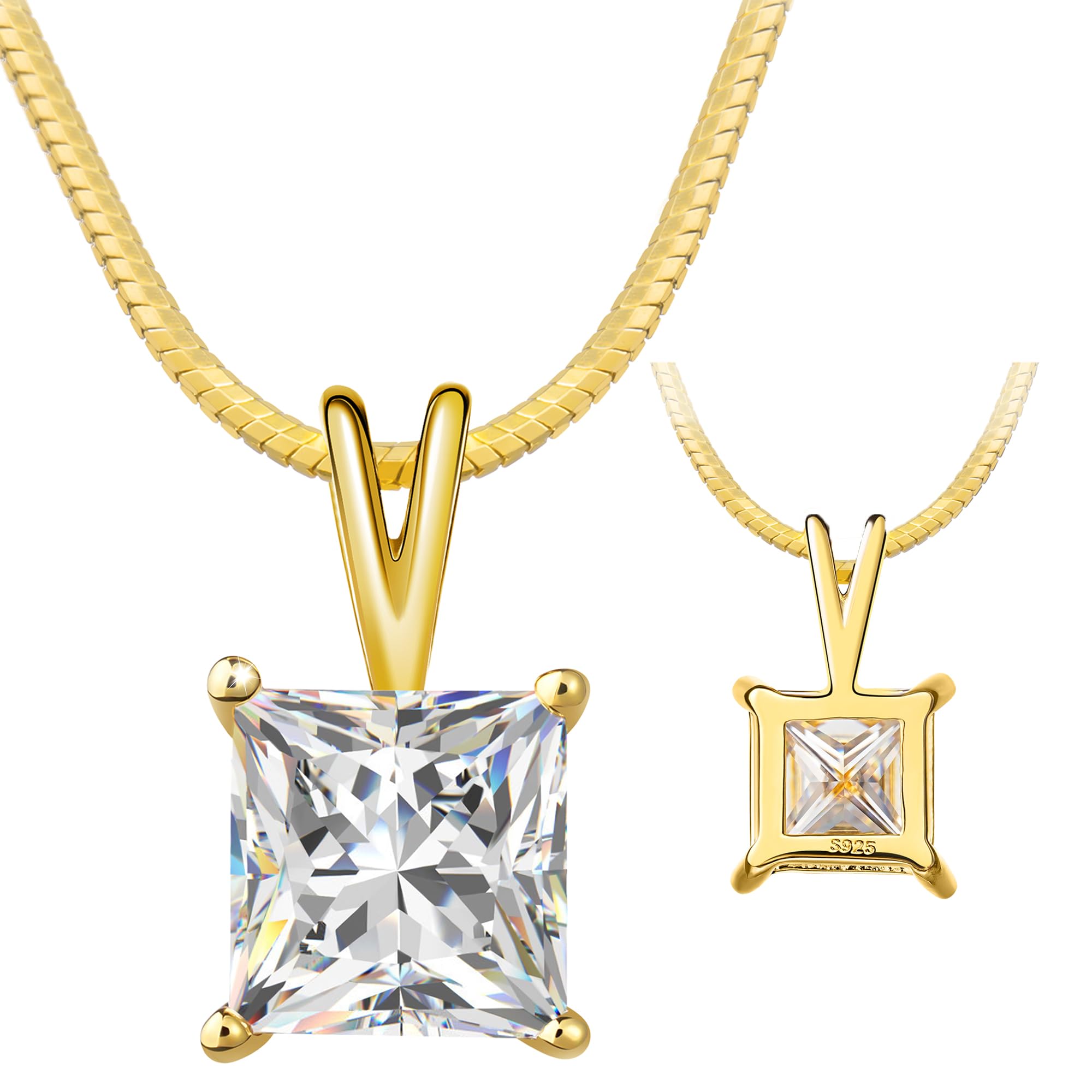 Impalsory Moissanite Pendant Necklace for Women, Princess Cut Solitaire Necklace, Sterling Silver with 18K Gold Plated Snake Chain