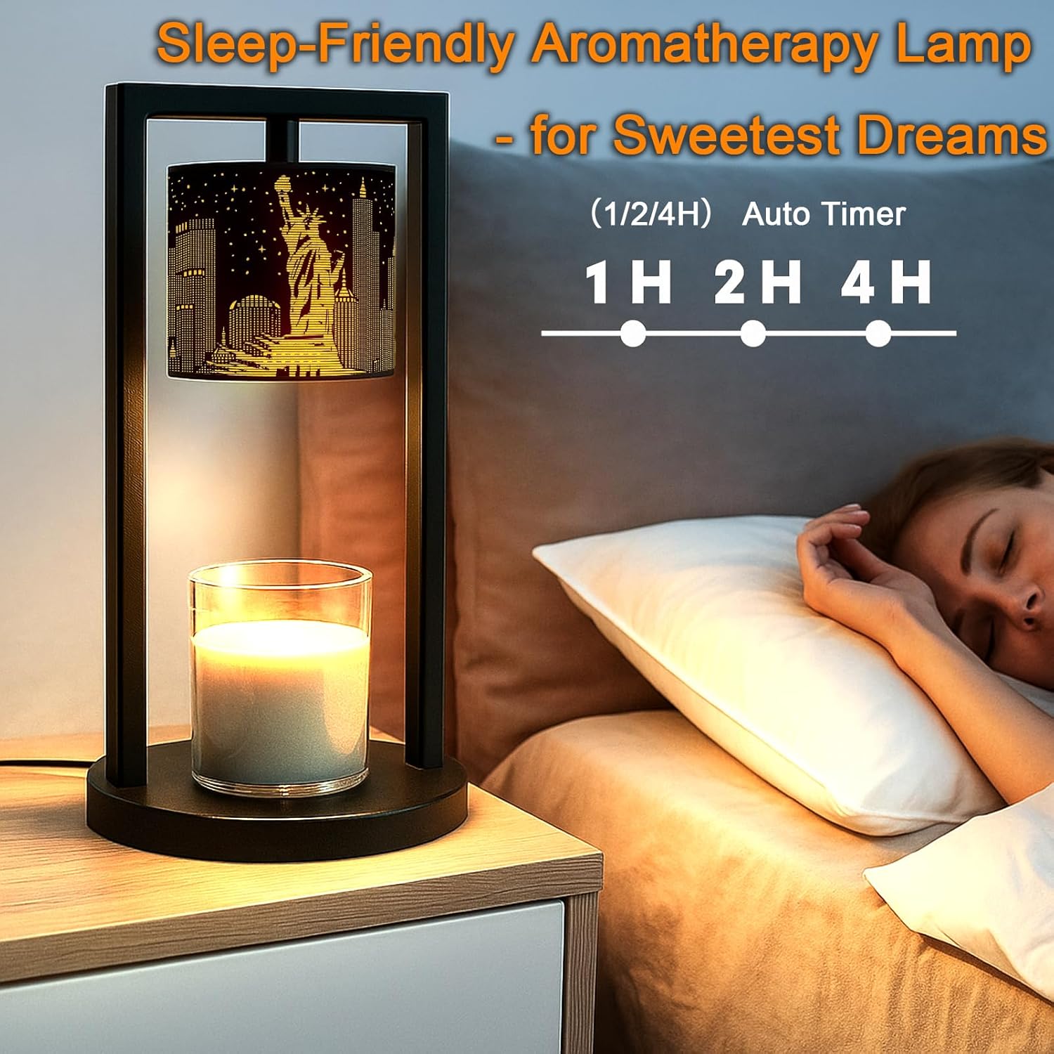 NYC Candle Warmer Lamp - Wax Melter with Timer, Dimmer, Auto Off, Statue of Liberty Decor for Jar Candles, City Skyline Home Decor for Living Room, Bedroom, Housewarming (2 Bulbs Included)