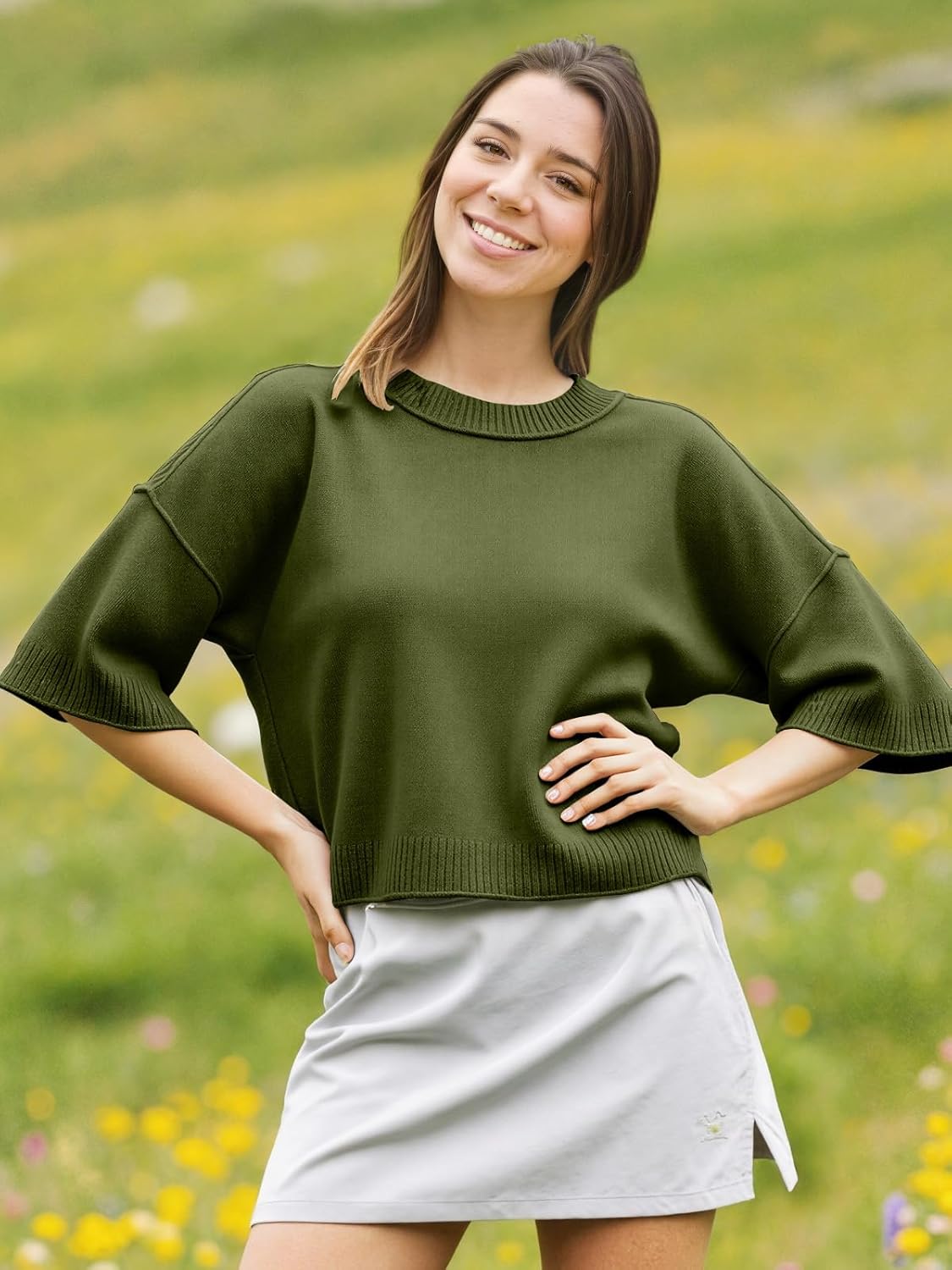 Women's Spring Sweater Cropped 2026 Fashion 3/4 Short Sleeve Casual Crewneck Knit Tops Loose Lightweight Pullover - Image 3