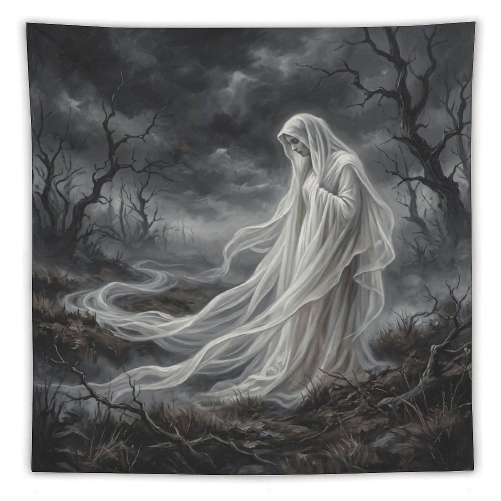 W7C8U2X3 White Ghost Storm Forest Wall Tapestry, Gothic Oil, Bedroom