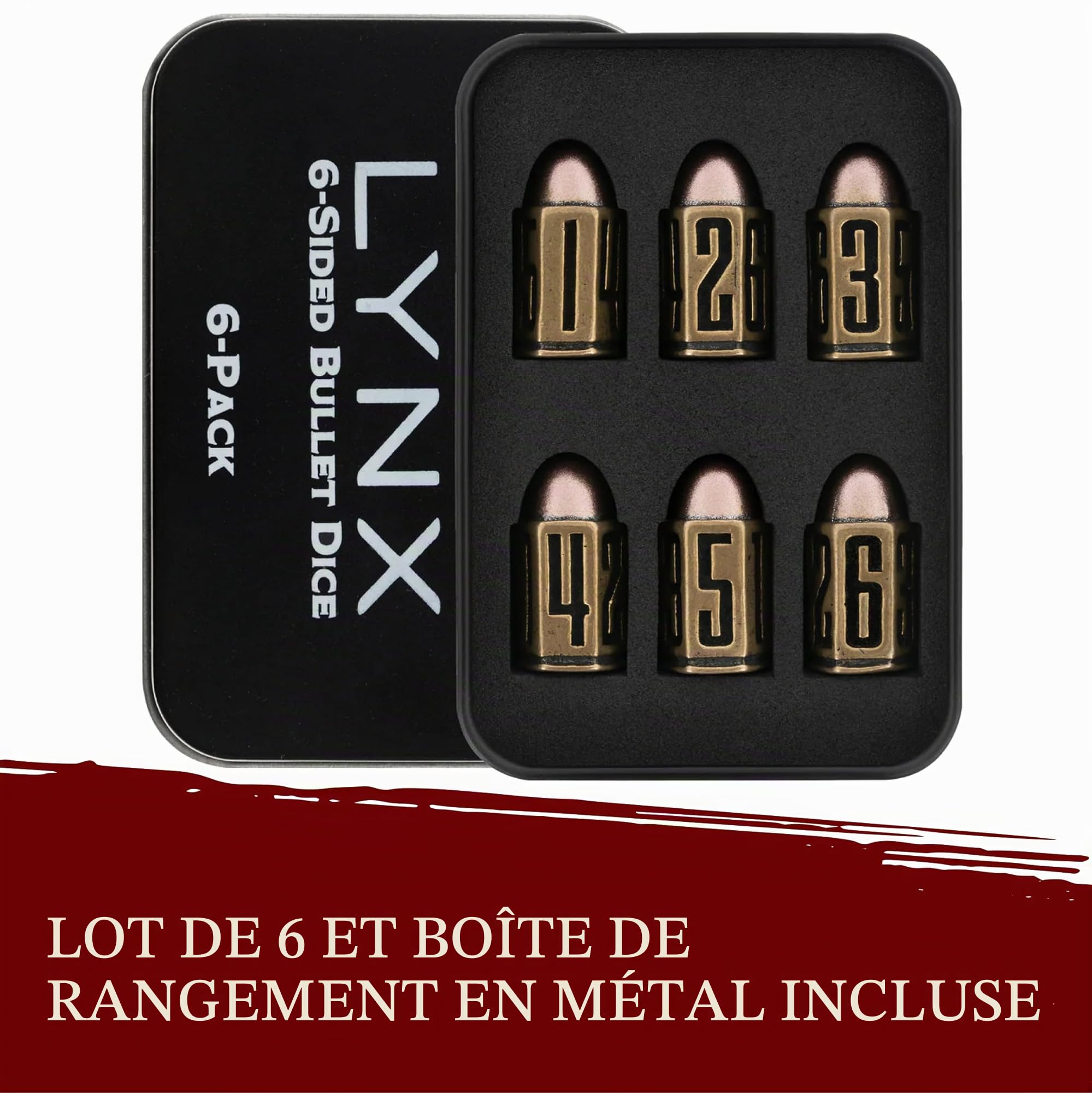 Set de Dés Métal en Forme de Balle/Bullet Dice Set - Six Dés JdR D6 en Laiton - Compatible avec Donjon et Dragon, Wargames, Jeu de Role,D&D, Accessoires RPG/Dungeons & Dragons/DND