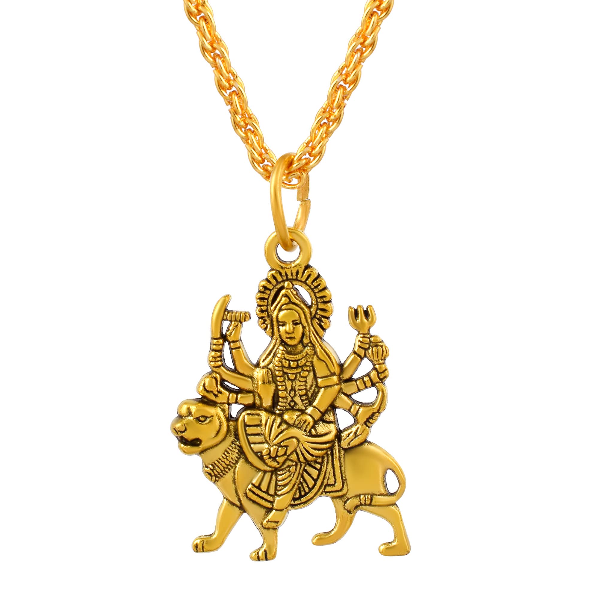 Goddess Shera Wali Durga Ma on Tiger Brass Gold Plated Pendant Locket Along With Chain Necklace For Mens & Women-image-12