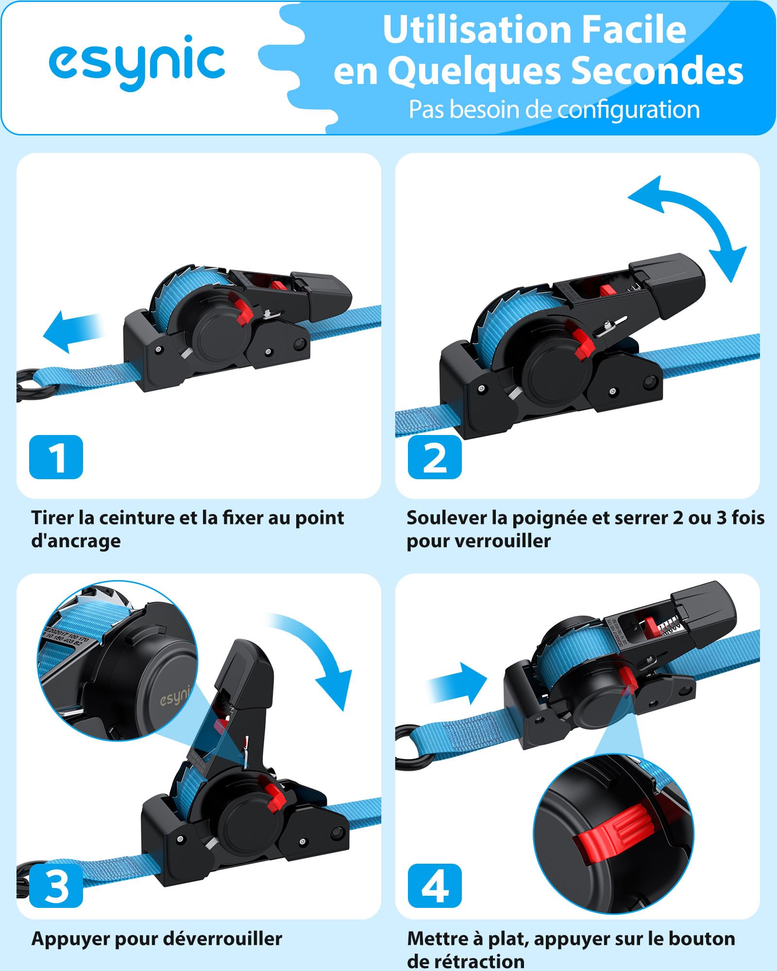 eSynic 4pcs Sangle à Cliquet avec Crochets en S 3,5m×25mm Traction 320kg | Force de Rupture 640kg, Crochets S Robustes, Rétraction Automatique, Certification GS CE UKCA, Transport Sécurisé