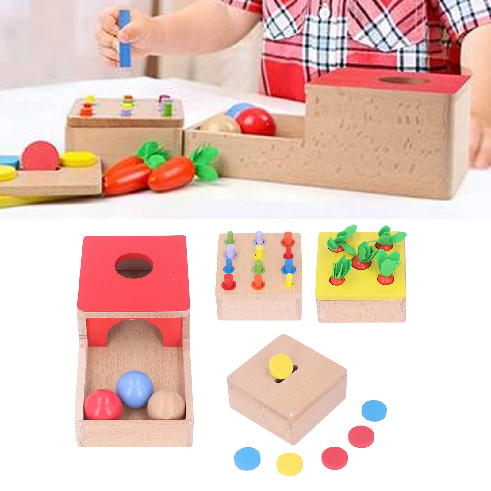 Tbest Kit Scatola di Permanenza Oggetti 4 in 1, Kit di Gioco in Legno per Giocattoli Didattici Impilabili per Forma e Colore per i più Piccoli