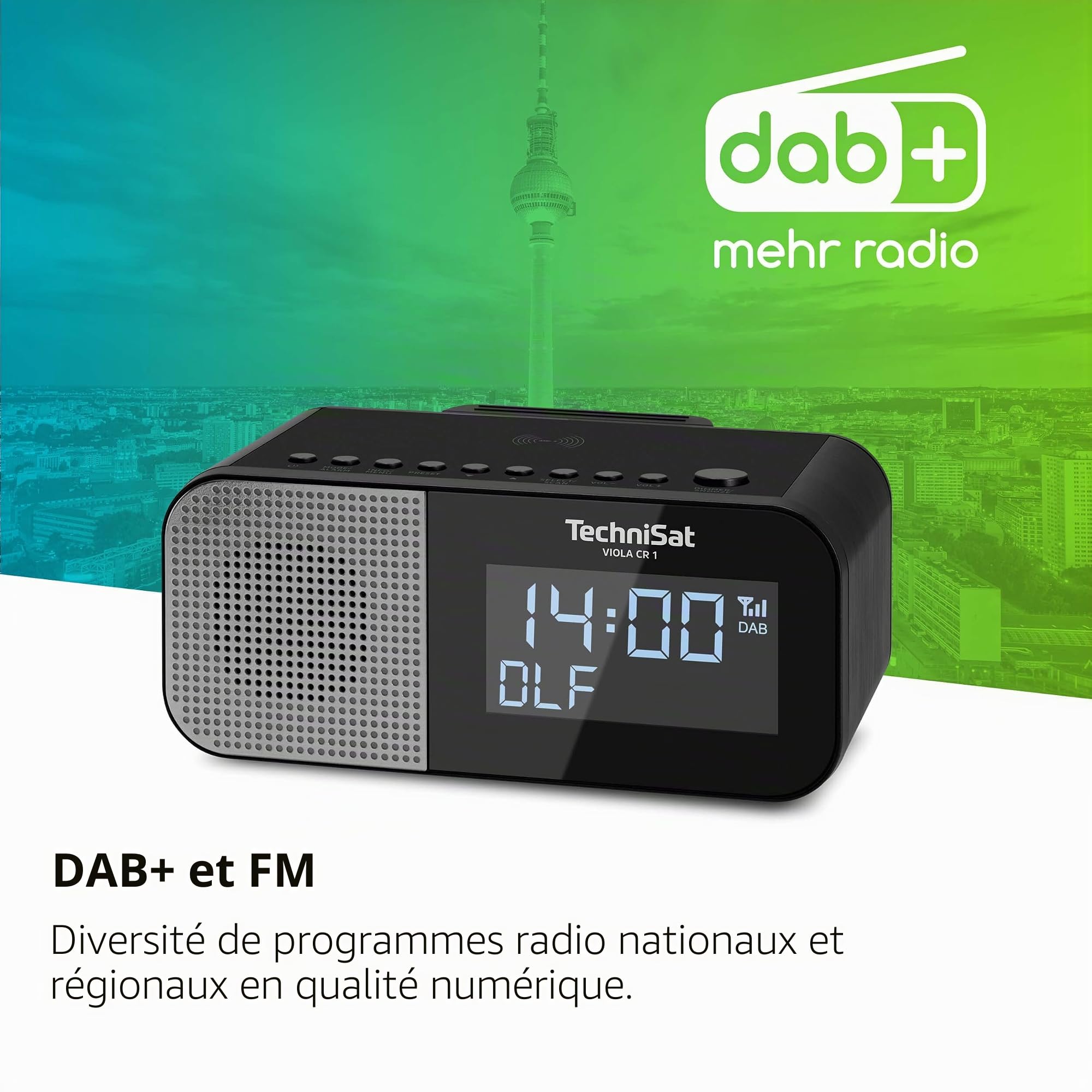 TechniSat Viola CR 1 - Dab+ Radio-réveil avec Chargement sans Fil | Dab, FM, Deux alarmes, Snooze, Mise en Veille, Fonction de Charge USB, Prise Casque, 3,3 W, écran 3,5", Bloc d'alimentation