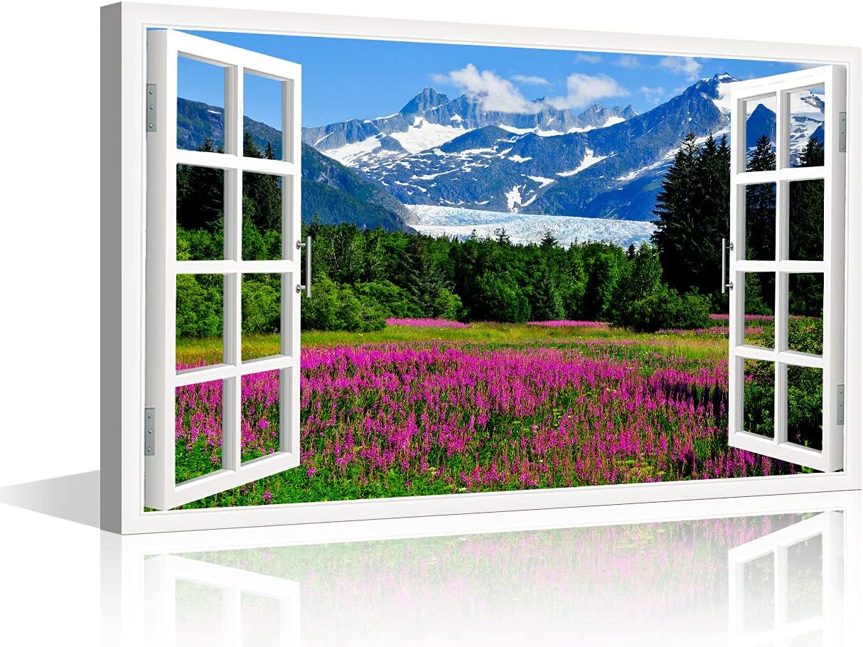 Pictures for Living Room Mendenhall Glacier Landscape Flowers Bloom Picture Fake Window with Picture Canvas Paintings Artwork Home Decor Framed Gallery-wrapped Stretched Ready to Hang, 16" Wx24 H