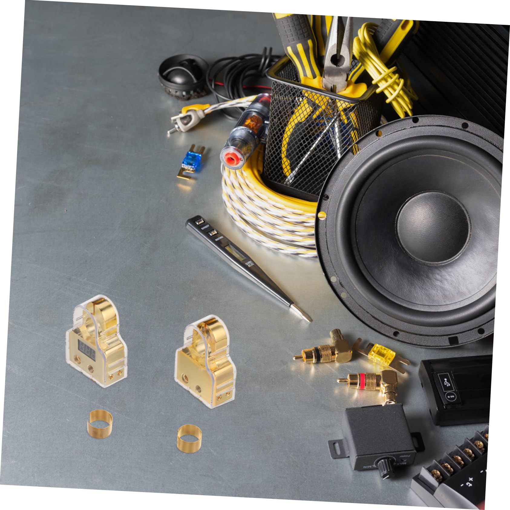 GALPADA 1 Set de Cosses de Batterie pour Voiture, Connecteurs de Borne en Alliage de Zinc, Affichage Voltmètre Numérique, avec Shims et Cache-bornes, pour Installation Audio Auto et Marine