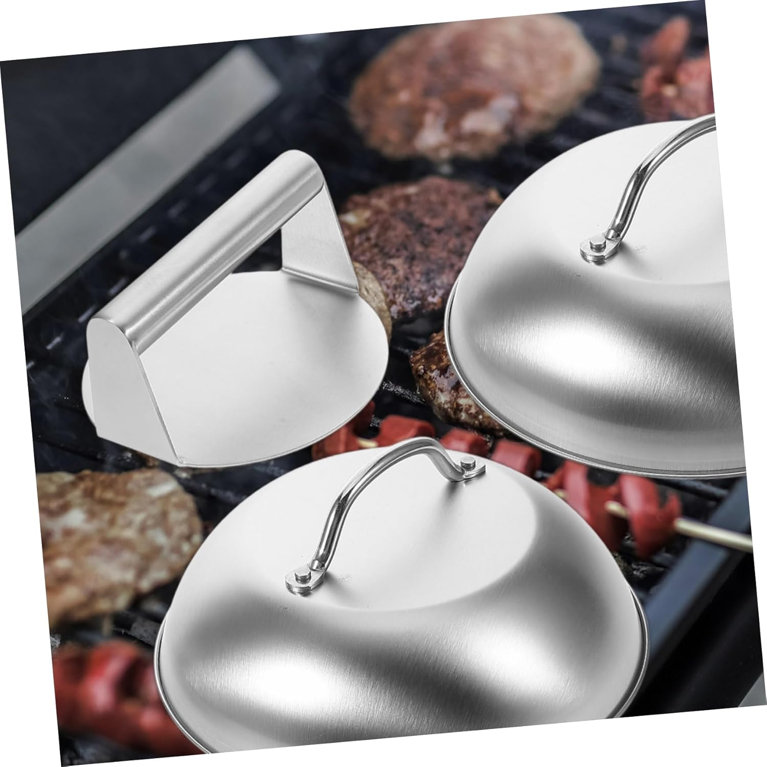 1set Stainless Steel Burger Press with Basting Cover for Smashed Burgers and BBQ Cheese Melting Versatile Griddle Accessories Kit for Outdoor Cooking