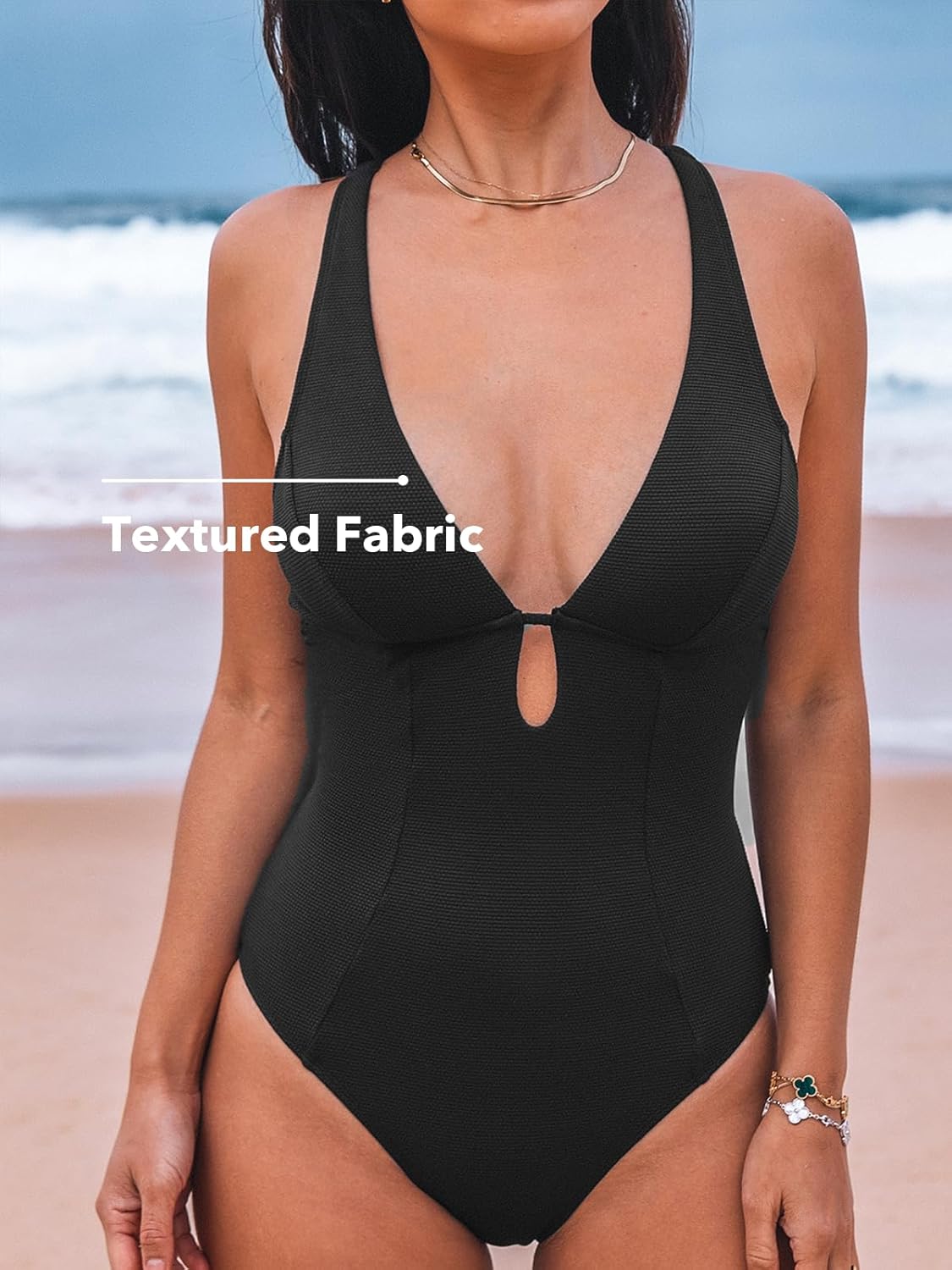CUPSHE Women's One Piece Swimsuit Deep V Neck Keyhole Cutout O Ring Textured Bathing Suit - Image 2