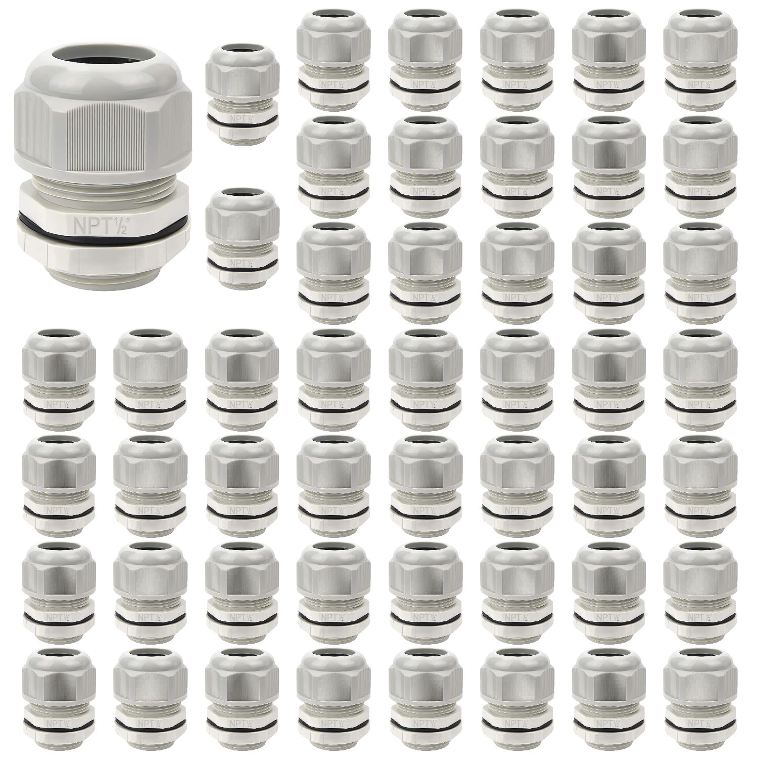 LeMotech Paquete de 50 prensaestopas NPT de 1/2 pulgada, impermeables, ajustables, 6-12 mm, juntas de nailon gris con juntas