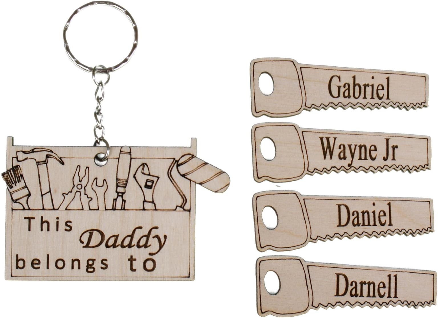 GPG Ltd PERSONALISED DADDY, GRANDAD, UNCLE TOOLBOX KEEPSAKE KEYRING WITH SINGLE HANDSAW NAME TAG (ADDITIONAL HANDSAW NAME TAGS CAN BE ADDED AS REQUIRED) (Toolbox & 4 Saws)