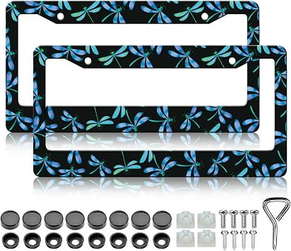 LIN KANG Blue Dragonfly License Plate Frames - 2 Pack Dragonfly Insects Flying Aluminum Metal License Plate Holder Covers,Rust-Proof Waterproof Car Decorative Tag Frames for Standard US 12x6 Inch