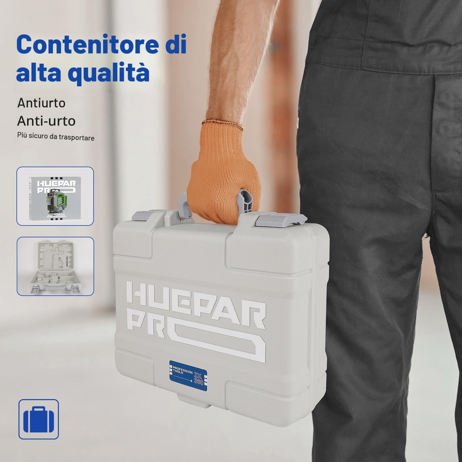 Huepar Pro Livella Laser Autolivellante Professionale 16 Linee, 4 X 360° Livello Laser Verde, Preciso Con Batteria agli Ioni di Litio da 8000mAh, Supporto Multifunzione e Custodia Rigida ZK04CG