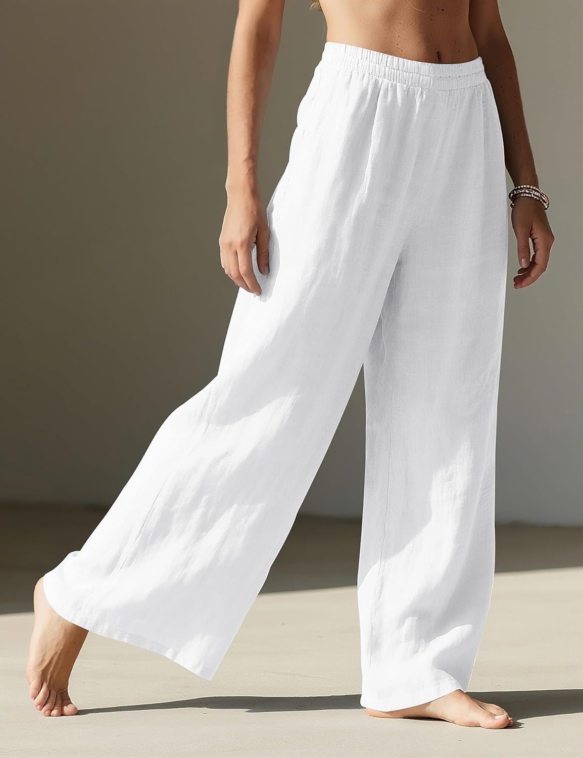 LOMON White Linen Pants Women Wide Leg Palazzo Summer Flowy Pants Beach Vacation Clothes Lounge Travel Trousers with Pockets (White, S) - Image 3