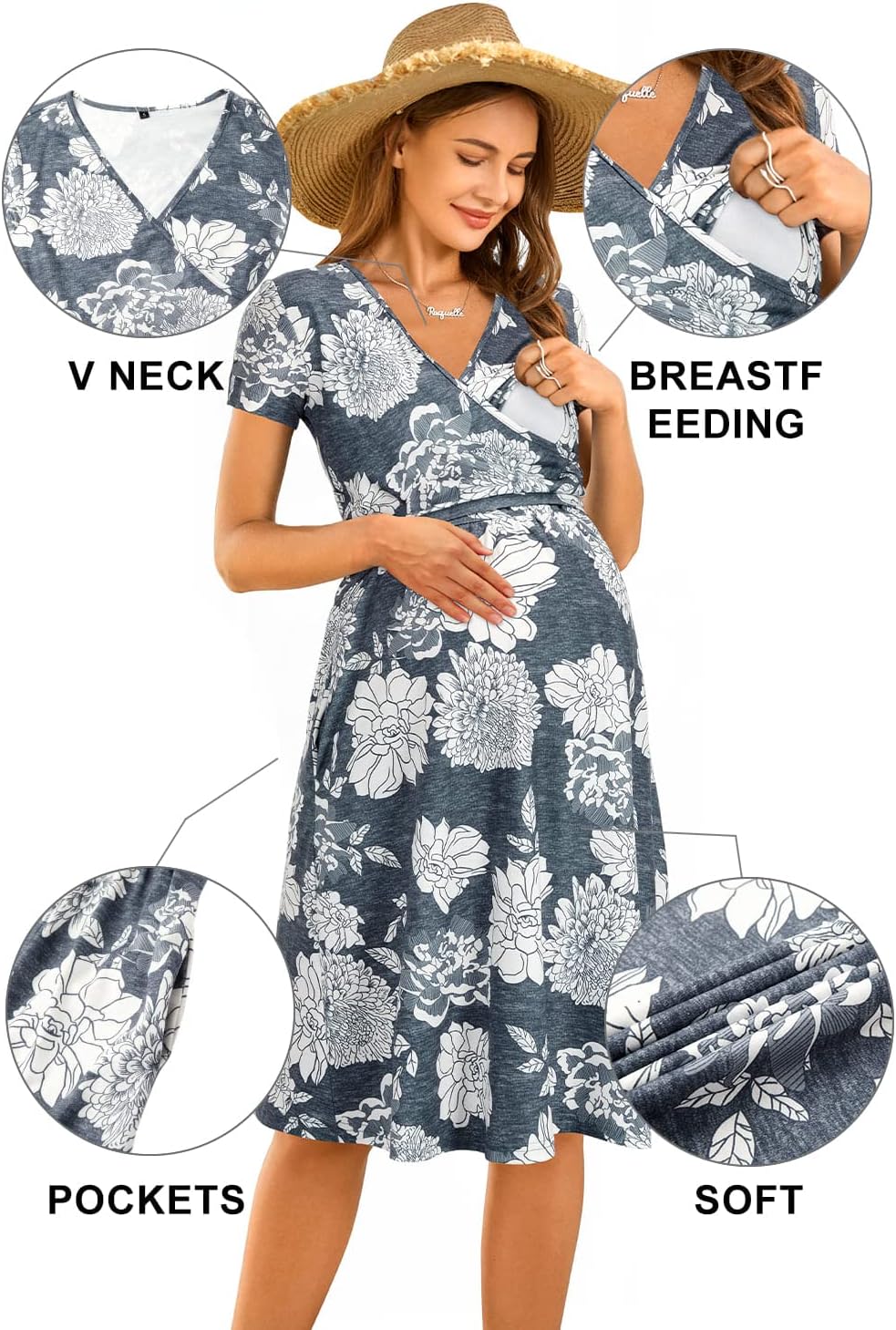 OUGES Maternity Nursing Dress Breastfeeding Short Sleeve V Neck Casual Pregnancy Clothes with Pockets - Image 5