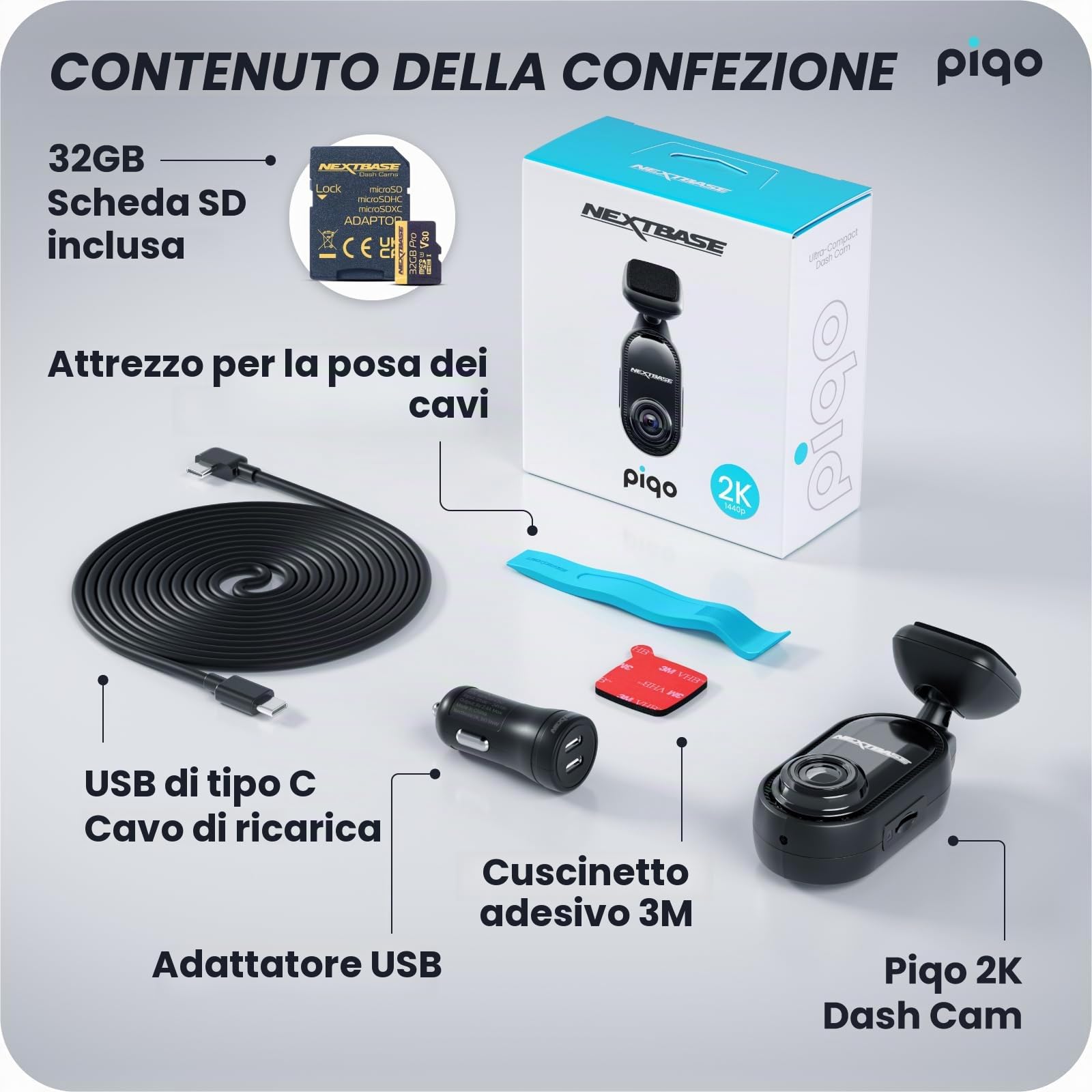 Nextbase® Piqo 2k Dash cam Auto Fronte Retro | Modalità di Parcheggio 24/7 | Dashcam Auto 2k 1440p 30fps | Night Vison Pro Telecamera | Camera con Angolo di Visione di 140° | MicroSD da 32 GB