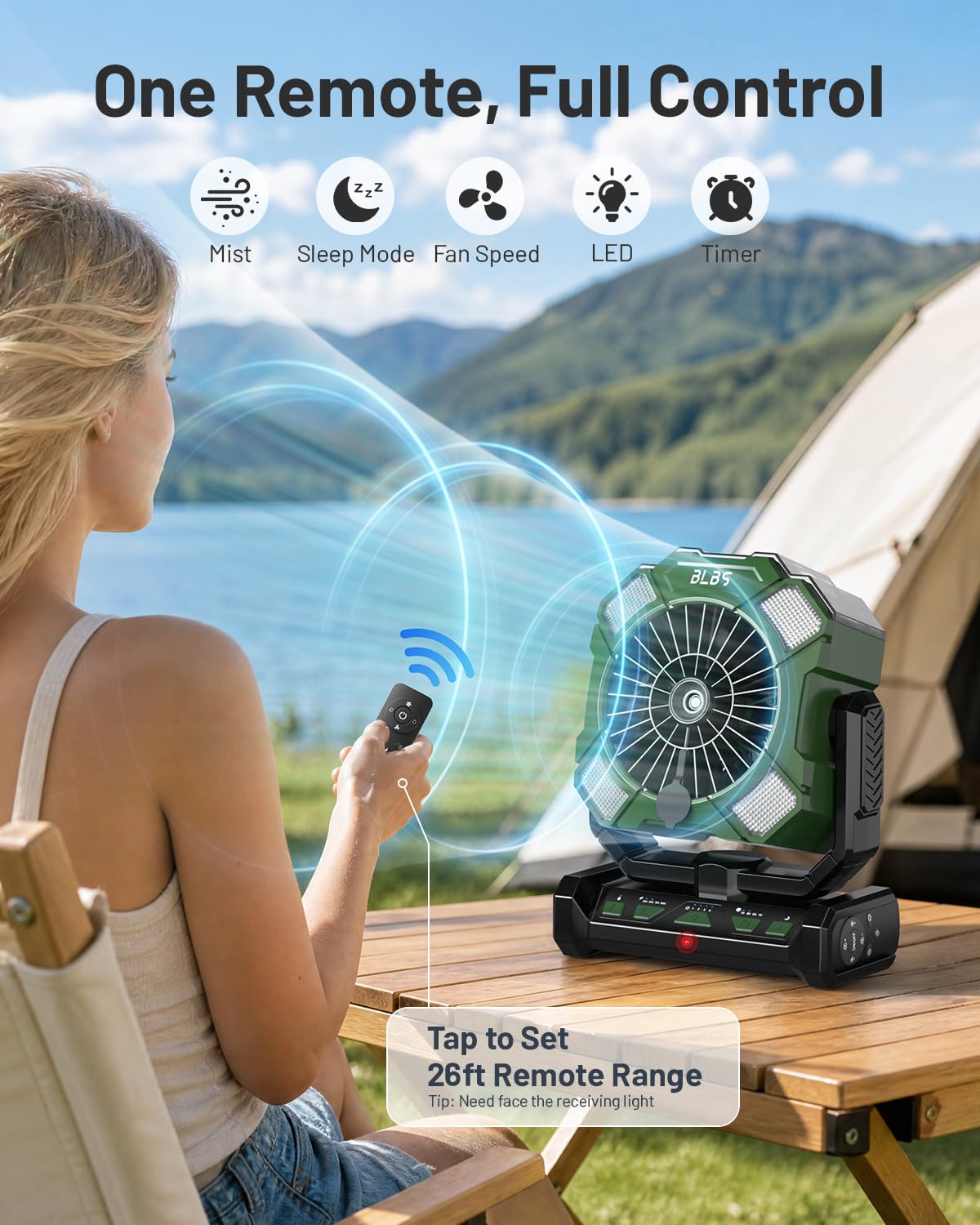 BLBS Ventilatore nebulizzatore portatile, ventole da campeggio con telecomando, batteria ricaricabile 24000 mAh, grande serbatoio d'acqua da 300 ml, 4 velocità, 2 modalità di nebbia, luce LED e gancio