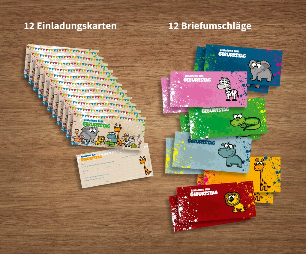 12 Dschungel-Tier Einladungskarten - Kindergeburtstag Safari Party