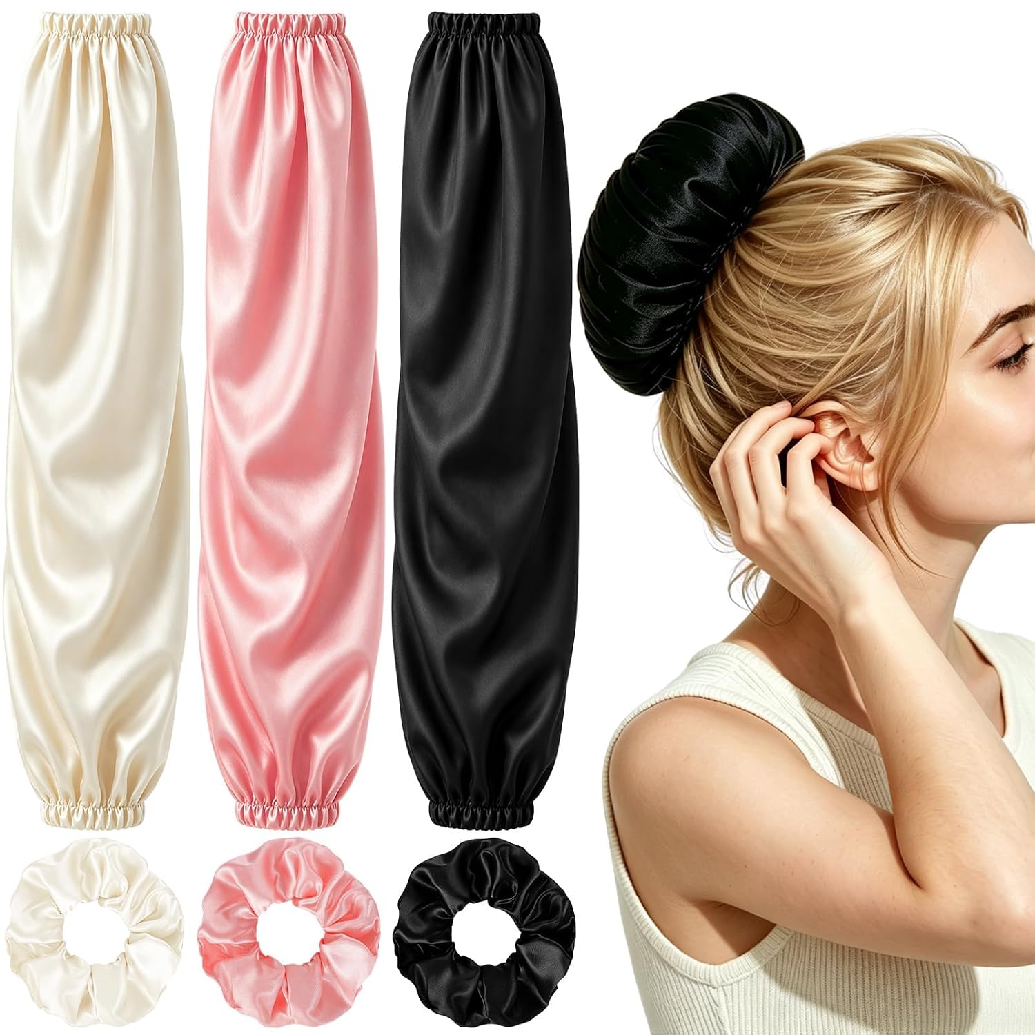 3 Set Satin Hair Sleeve Bun Cover,Hair Bonnet Wrap for Sleeping