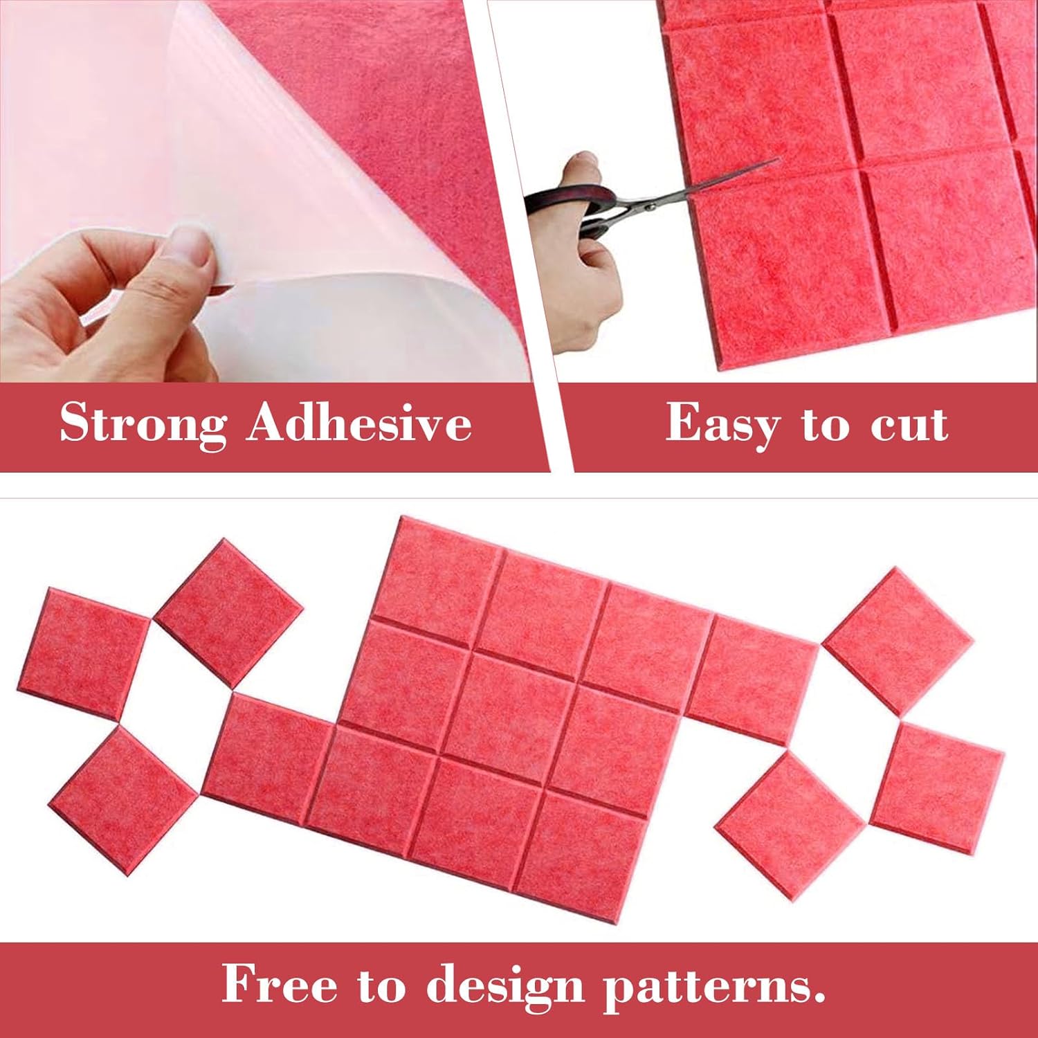 6 Packs Red Cork Board Felt Board Tiles, Bulletin Board 12"X12" with 30 Push Pins, Felt Board for Home Kitchen Office Decor, Self-Adhesive Corkboard Tiles for Walls School Message Display Board