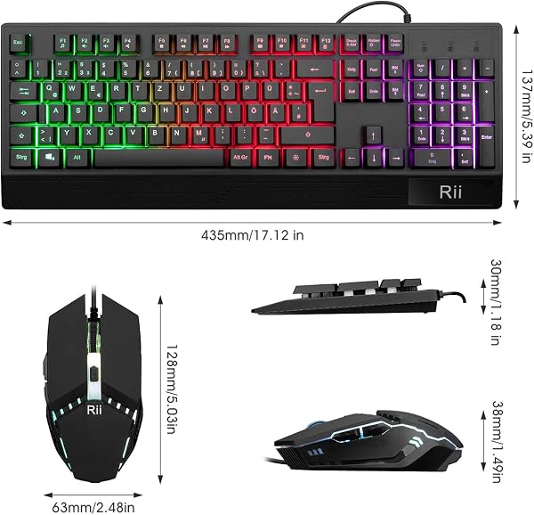 Rii Gaming Tastatur und Maus Set, Maus und Tastatur, RGB Hintergrundbeleuchtung QWERTZ (DE-Layout), Regenbogen Farben Beleuchtete USB Wasserdicht Tastatur und Maus mit 3200 für Pro PC Gamer - 5
