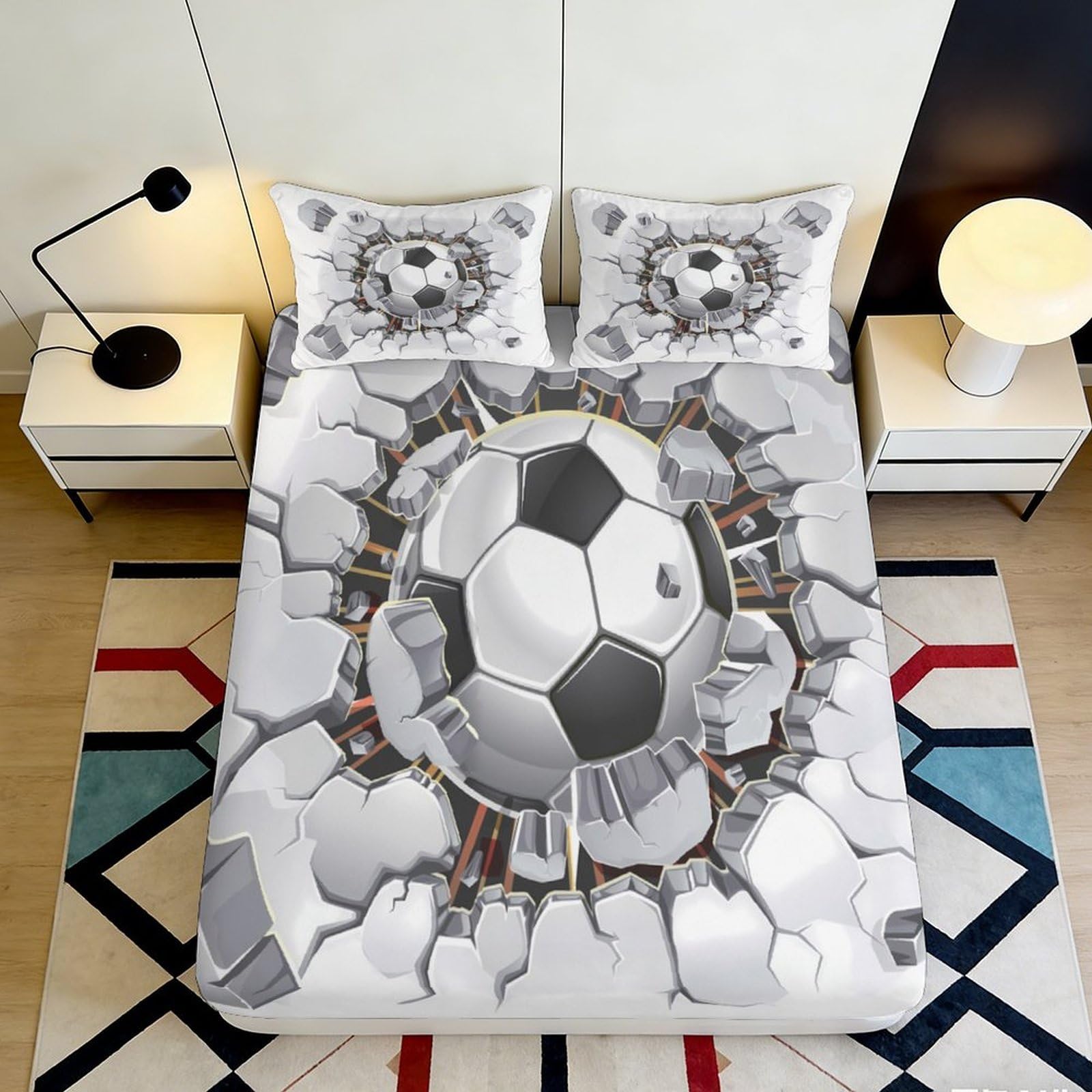 3D Printed Soccer Ball Explosion Fitted Sheet Microfiber Anti-Slip Bed Cover for Bedroom Dorm Easy Care Mattress Protection 160x200x25cm