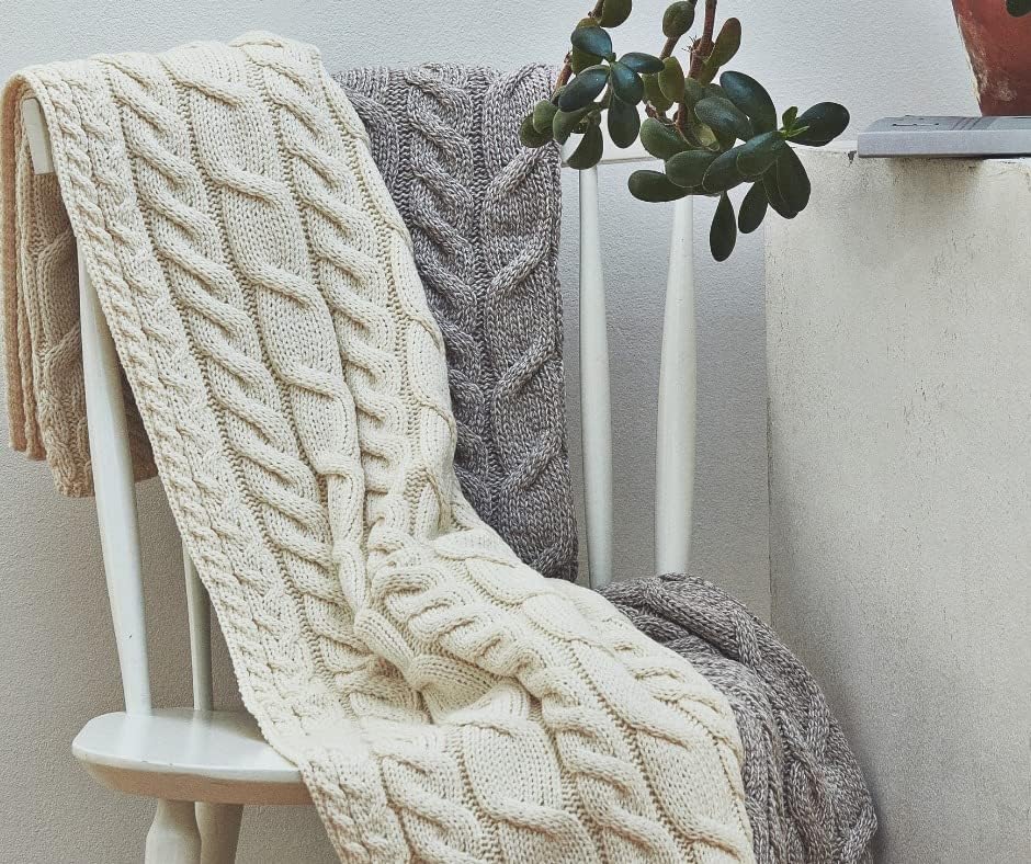 Aran Woollen Mills Cable Throw Blanket, 100% Supersoft Merino Wool, Made in Ireland, Silver Strand, Cream 40" x 60" - Image 4