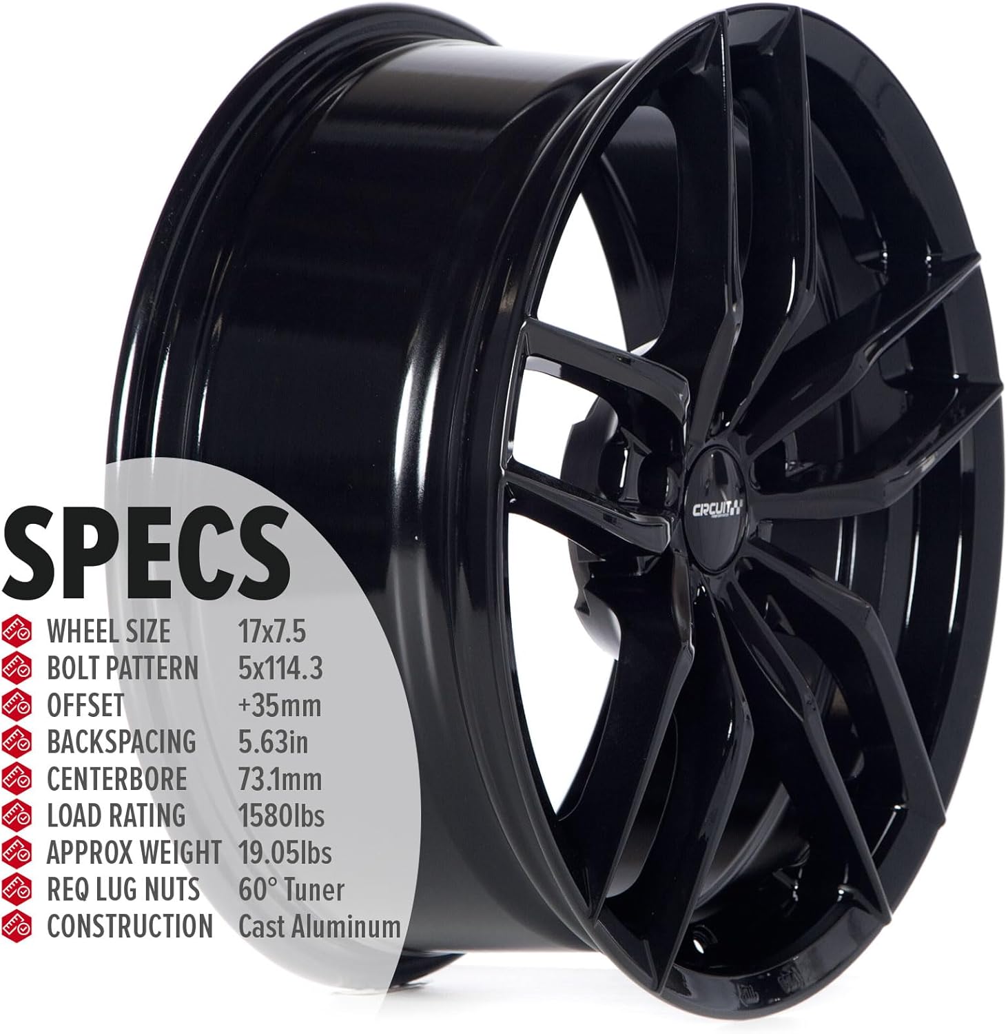 Circuit Performance CP34 17x7.5" Gloss Black 5×114.3 [+35mm] Compatible with Honda Accord, Civic