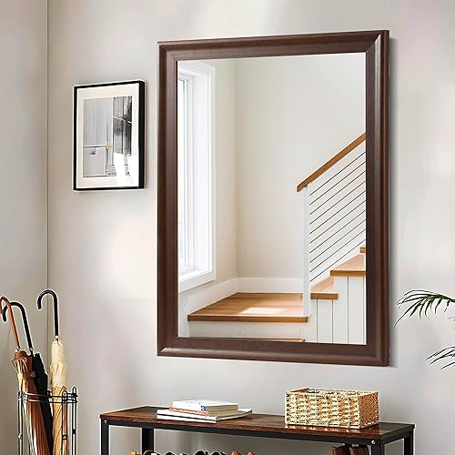 Miniatura 4 de Espejos de baño de madera para pared de 24 x 36 pulgadas, espejo de pared con marco de madera borwn con vidrio templado, espejo a prueba de roturas