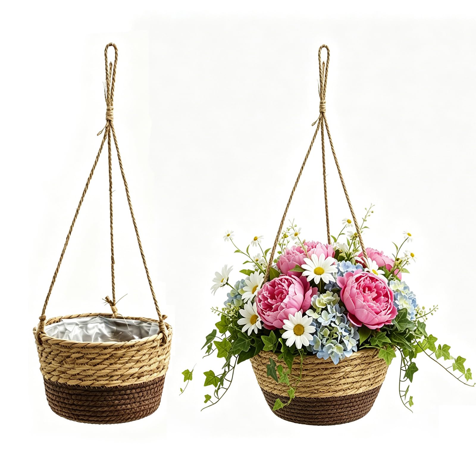 BlackQuill 2pcs Hanging Plant Baskets with Jute Rope, Handmade Woven Hanging Planter, Hanging Flower Pot Basket with Waterproof Lining, Macrame Plant Hanger for Indoor Outdoor Decor Balcony Garden