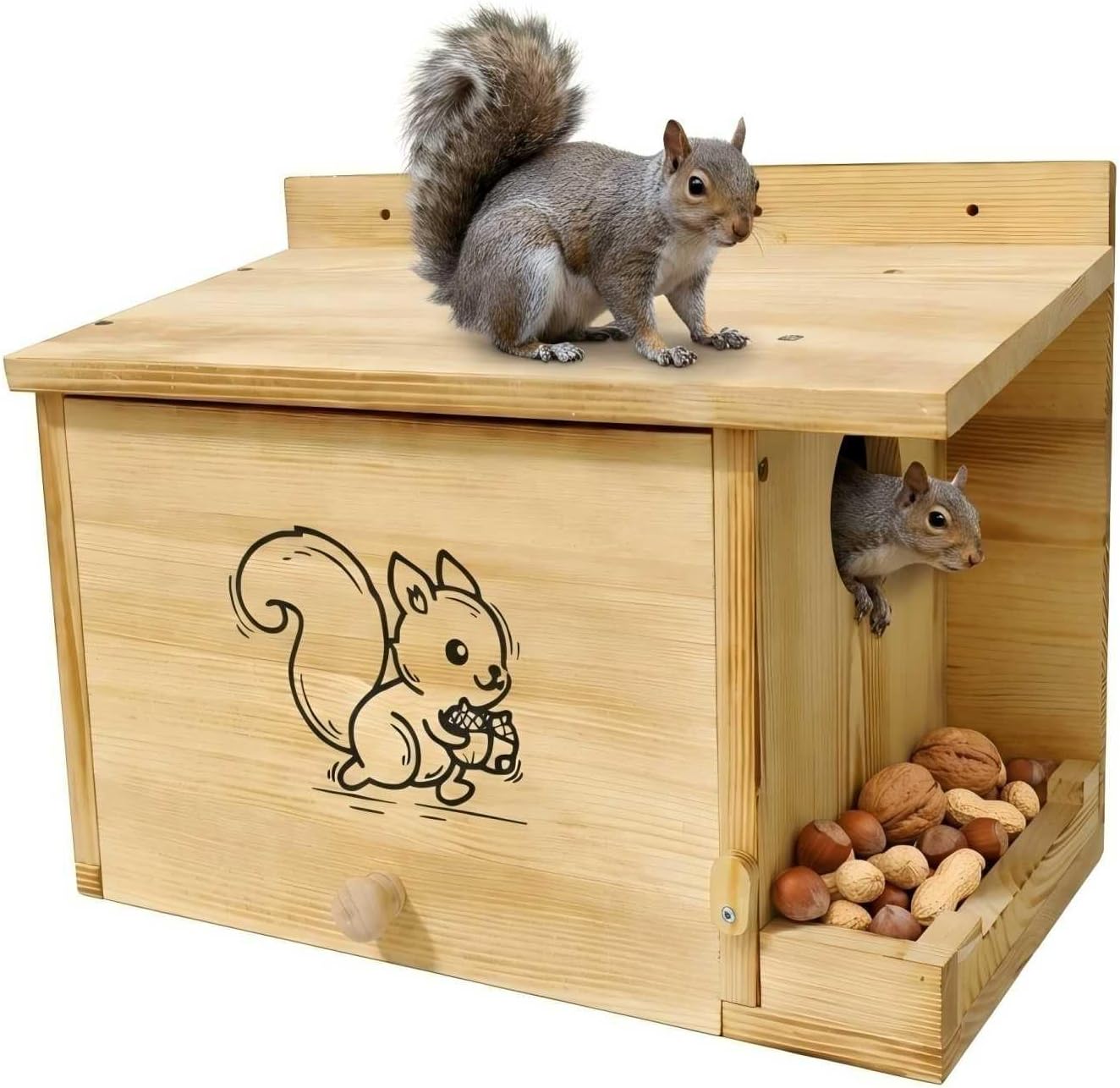 Extra Large Squirrel House (15.7 inches), Anti-Predation Squirrel Nest Box, with Squirrel Feeder, Carbonized Cedar Wood Outdoor Squirrel House, Solid Wood Backyard Wildlife Shelter