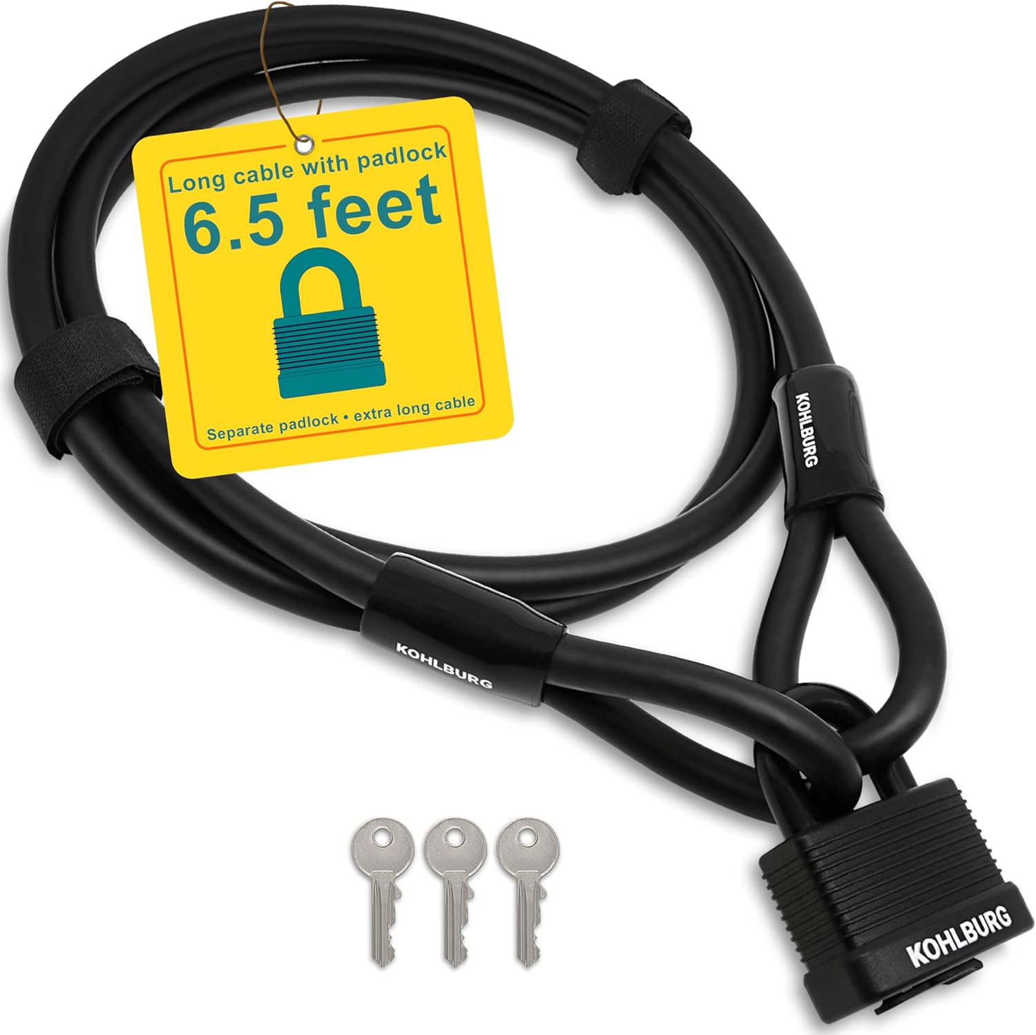 KOHLBURG Bike Cable Lock 6.5ft Long – Key Lock [Easy-Click Closure, 3 Keys] & 6.5 Feet Loop Cable for Bikes & Garden Furniture, 78" Security Steel Cable for Bicycles, Scooter, Bike Trailers & Stroller