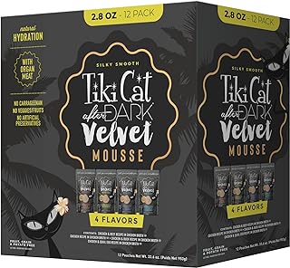 Tiki Cat After Dark, Velvet Mousse, Variety Pack, Grain & Potato Free Formula, with High Protein & Nutrient Dense Blended Irresistible Organ Meat, 2.8 oz. Pouch (Pack of 12)