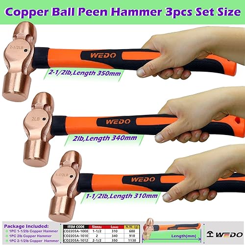 Miniatura 54 de WEDO Juego de martillo de bola de cobre de 3 piezas, 8 onzas + 12 onzas + 16 onzas (1/2 libra+3/4 lb+1 libra), martillo de bola con mango de madera