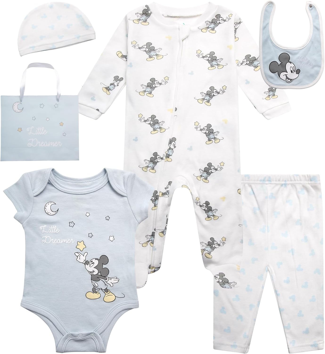 Disney Newborn Baby Girl Boy Clothes - 7 Piece Mickey Mouse Winnie the Pooh Bib Onesie Overall Beanie Pants Gift Bag Gift Set