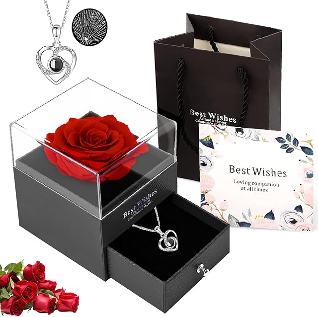 Rose Gifts for Women Girls, Handmade Preserved Eternal Rose Gift Box with Love You Necklace, Artificial Rose Flowers Romantic Gifts for Women on Birthday, Anniversary, Mothers Day