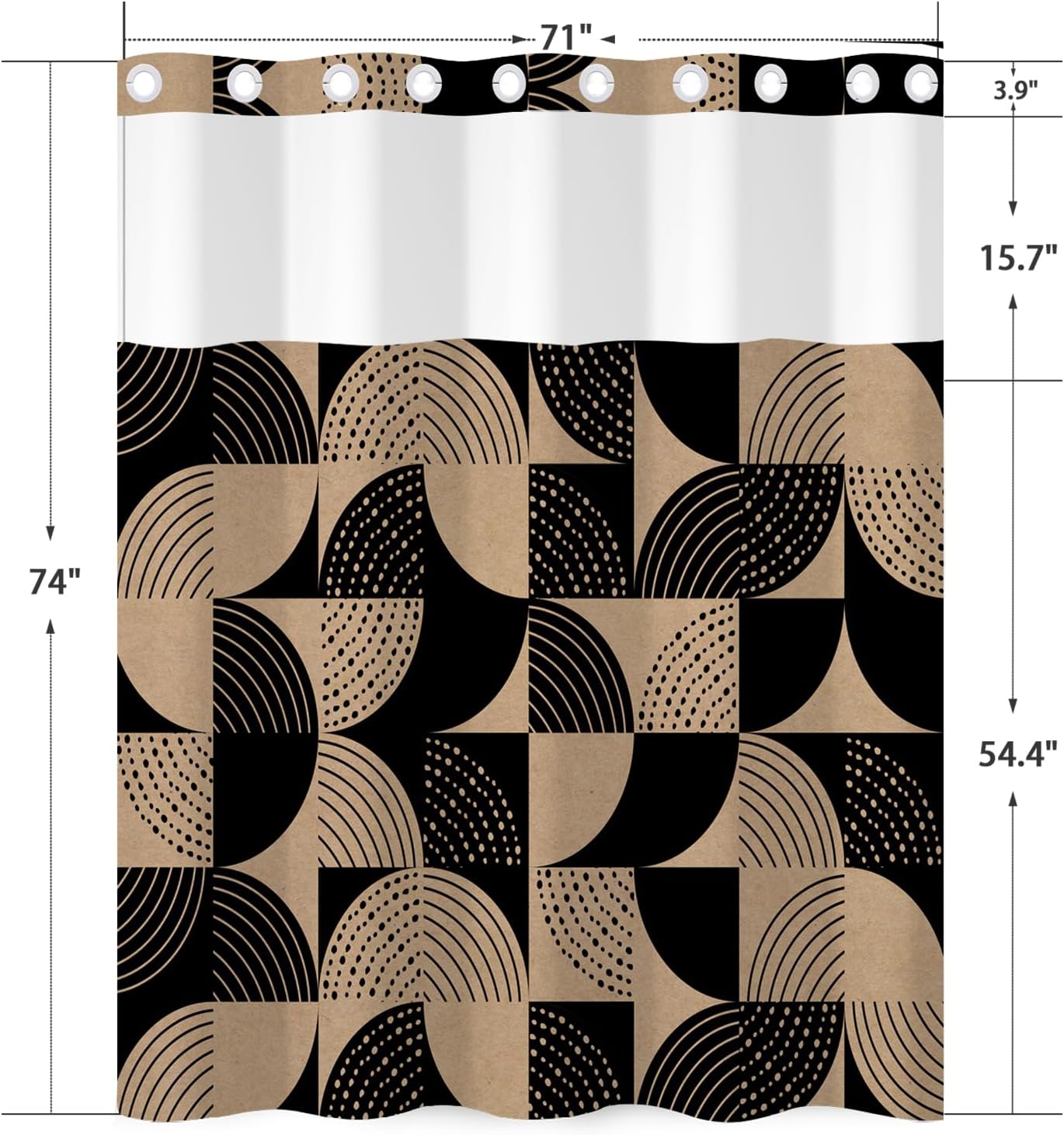 No Hook Abstract Shower Curtain and Liner Set 71 x 74 Inches - Black and Brown Geometric Design, Waterproof Fabric Bath Curtain, Breathable Mesh Top for Modern Retro Bathroom Decor