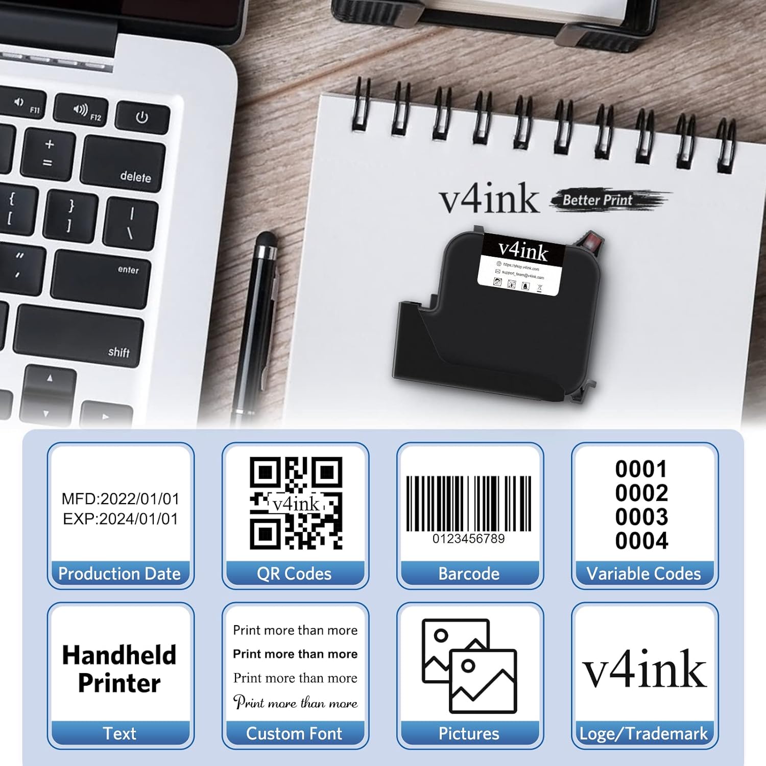 v4ink Original EB22B EB22BL Black Solvent Ink Cartridge Fast Fry Ink at 1 Inch Print Height for Bentsai B35 B85 Handheld Inkjet Printer to Print on Plastic Metal Wood Aluminum Glass and More