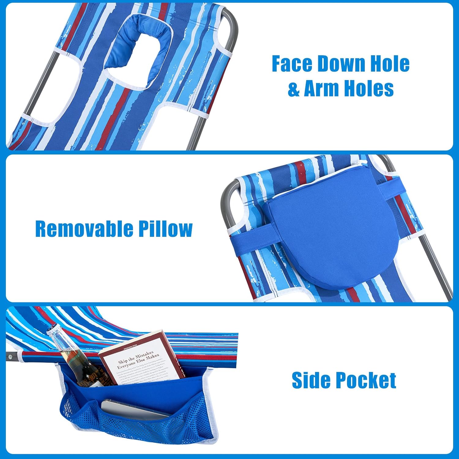 daystar SunnyFeel Beach Lounge Chair, Backpack Reclining Beach Chairs Lay Flat, Face Down Tanning Chair, Folding Camping Chairs Portable Camp Cot with Backpack Straps for Outdoor/Picnic/Lawn