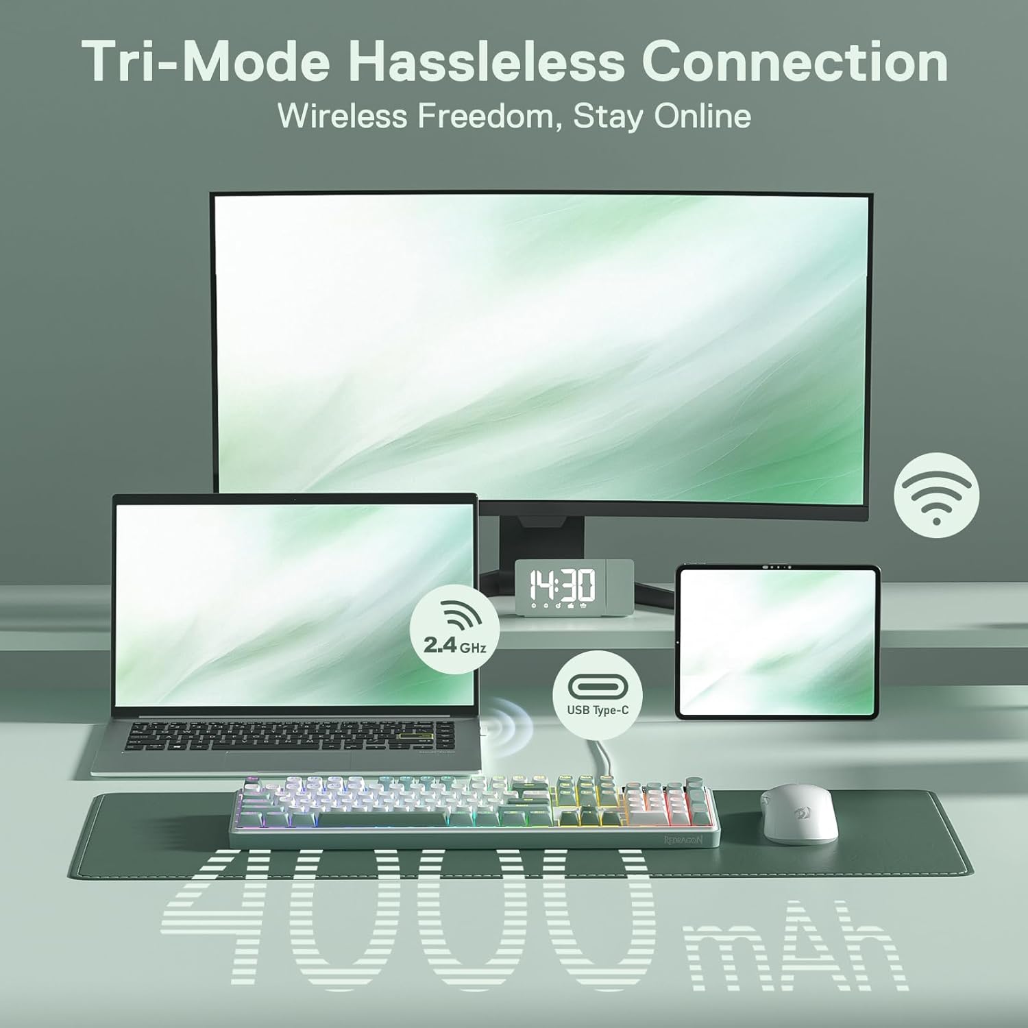 Redragon K761 Wireless Gasket Gaming Keyboard w/Hype Screen & Knob, 104 Keys Mechanical Keyboard, Easy-Control 1.26’’ TFT Info Display, 5-Layer Noise Dampening, Custom Linear Switch, Jade Cloud Color - Image 3